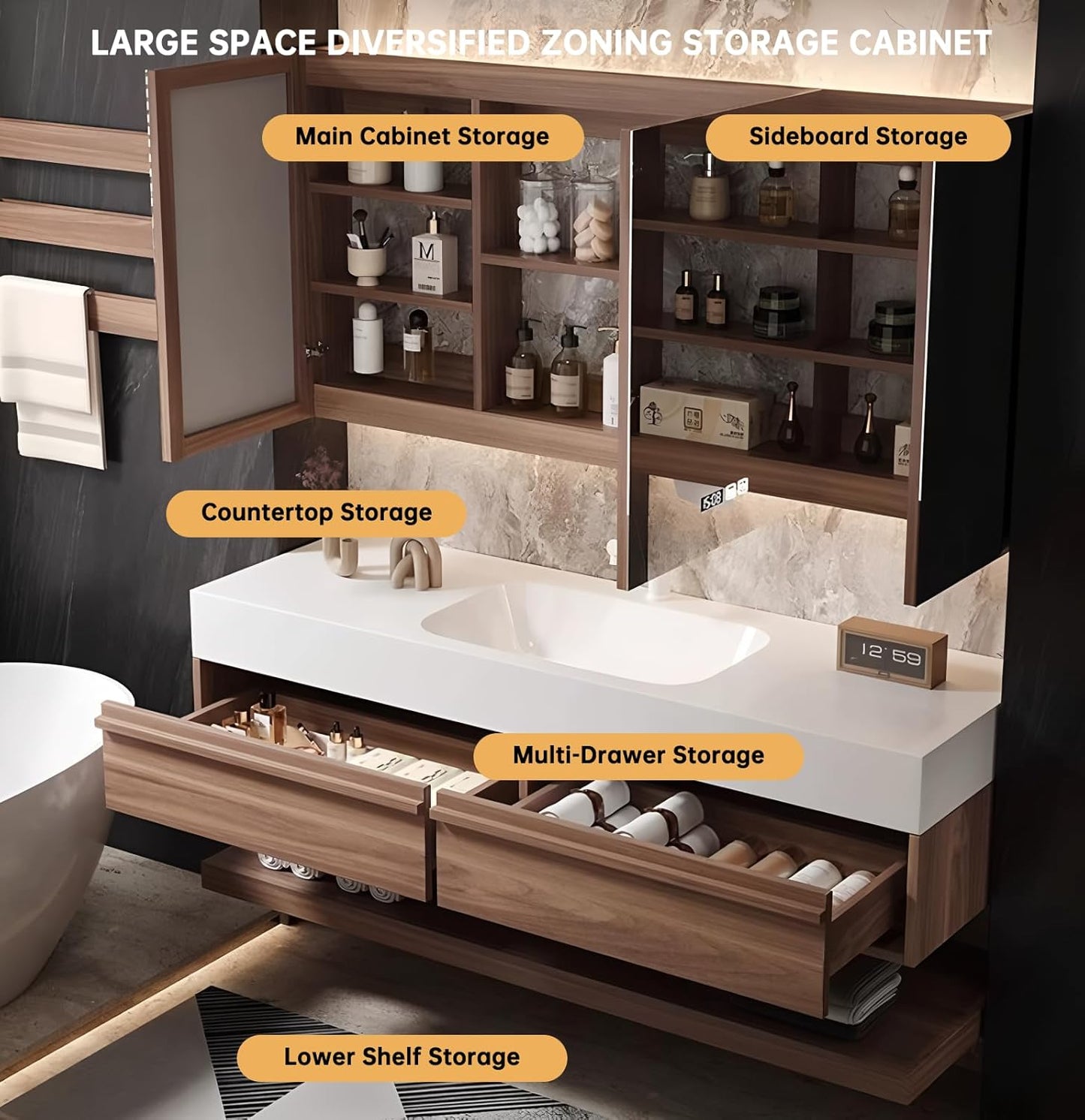 68" Bathroom Vanity, Floating Bathroom Vanity with Sink, Solid Wood Vanities with Smart Defogging Mirror Cabinet, Slate Countertop and Faucet, Wall Mount Bath Furniture Cabinet with Drawers (Walnut)