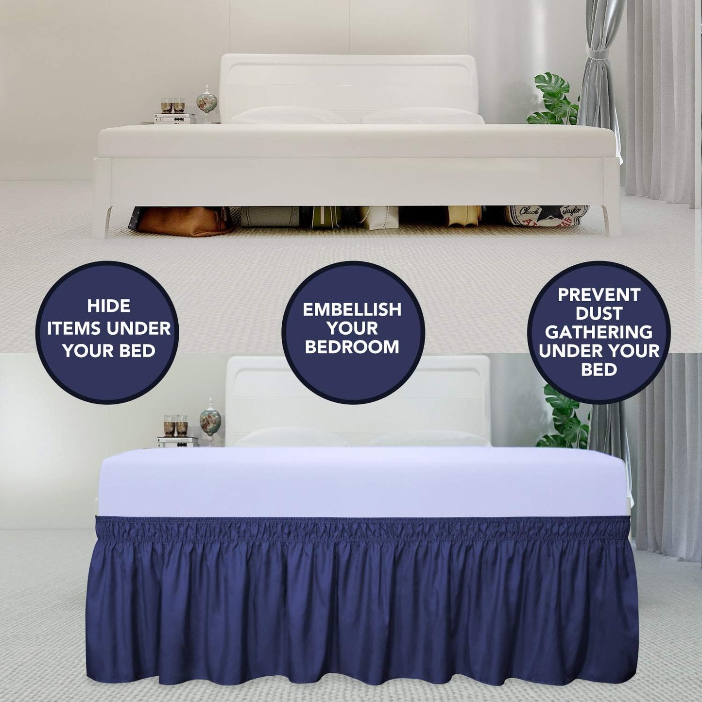 PureFit Wrap Around Ruffled Bed Skirt with Adjustable Elastic Belt - 22 Inch Drop Easy to Put On, Wrinkle Free Bedskirt Dust Ruffles, Bed Frame Cover for Queen, King and C-King Size Beds, Navy