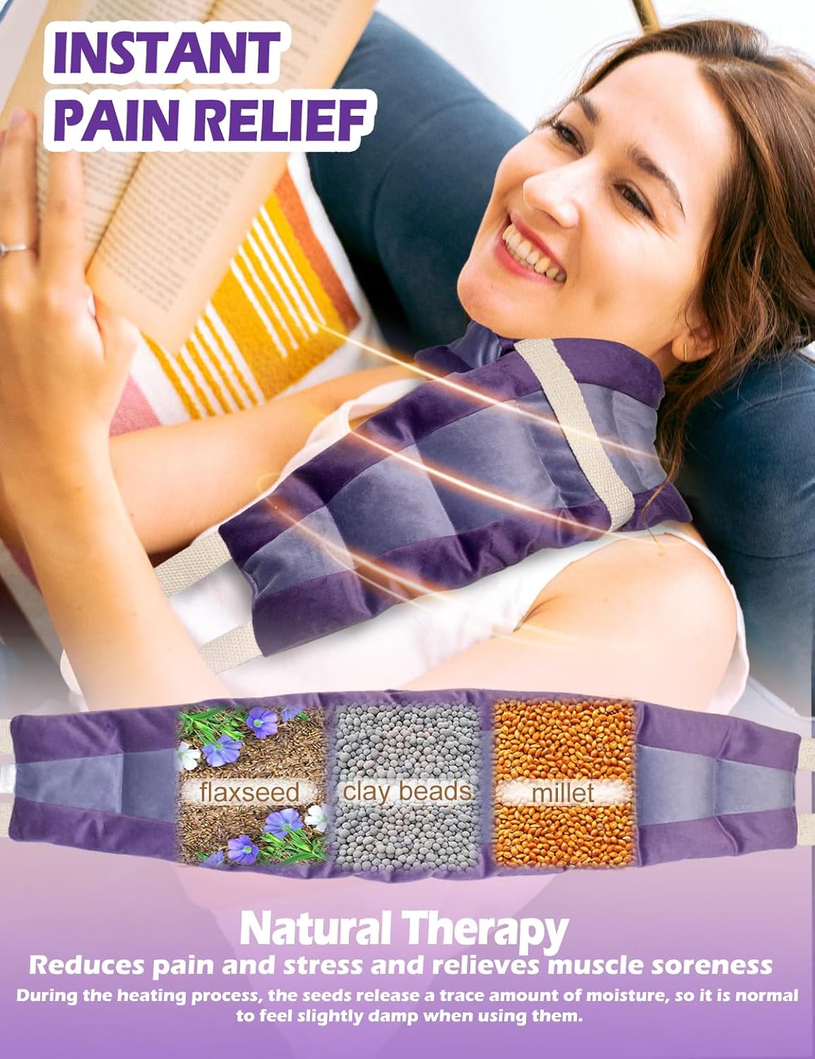 Long Heating Pad for Neck and Shoulders and Back Weighted Microwavable Moist Heated Neck Wrap Hot Pack Microwave Heatable Bag Warm Compress Reusable with Handles 33.5"*5.9" Unscented Purple