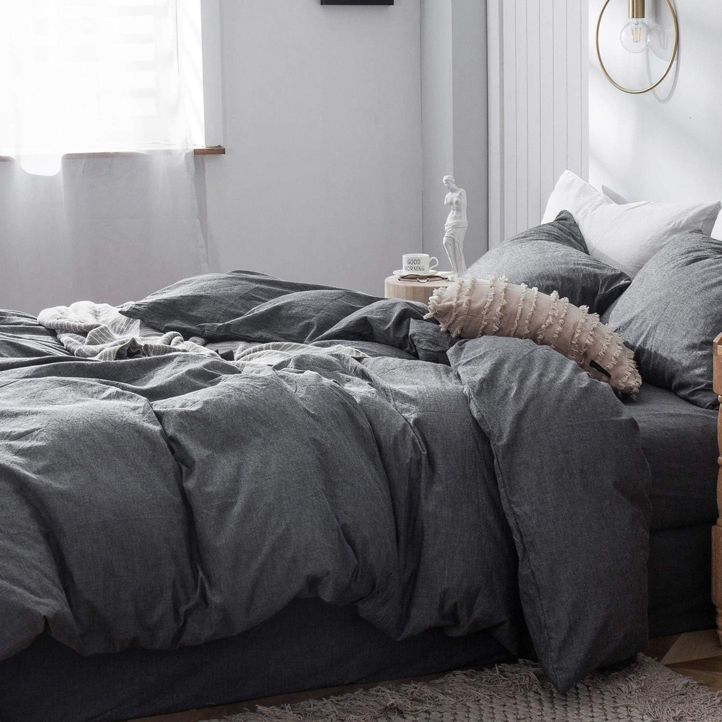 MooMee Bedding Duvet Cover Set 100% Washed Cotton Linen Like Textured Breathable Durable Soft Comfy (Heathered Dark Grey, King 104"x90")