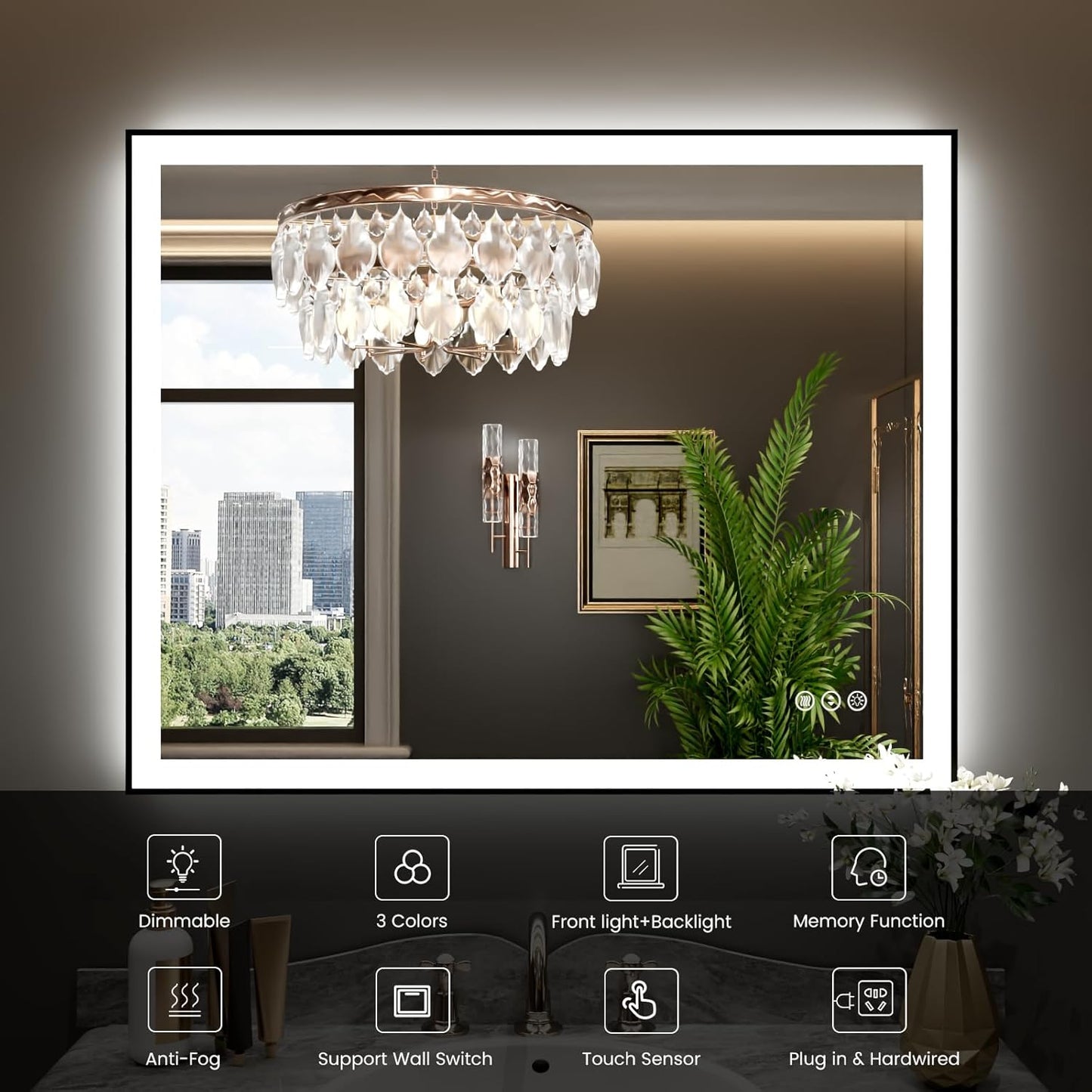 WTTY 40"X36" LED Bathroom Mirror with Black Frame, Bathroom Vanity Mirror with Lights for Wall, Front Light and Backlit, Anti-Fog, Dimmable, 3 Colors, Shatterproof, Memory, Horizontal/Vertical
