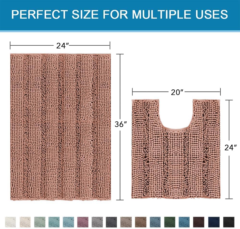 H.VERSAILTEX Bathroom Rugs Bath Rug Set 2 Piece Bathroom Contour Rug Toilet Mat Non Slip Contour Bath Rug Ultra Thick Water Absorbent Striped Bath Mats Washable(36" x 24" Plus 20" x 24" U, Muted Clay)