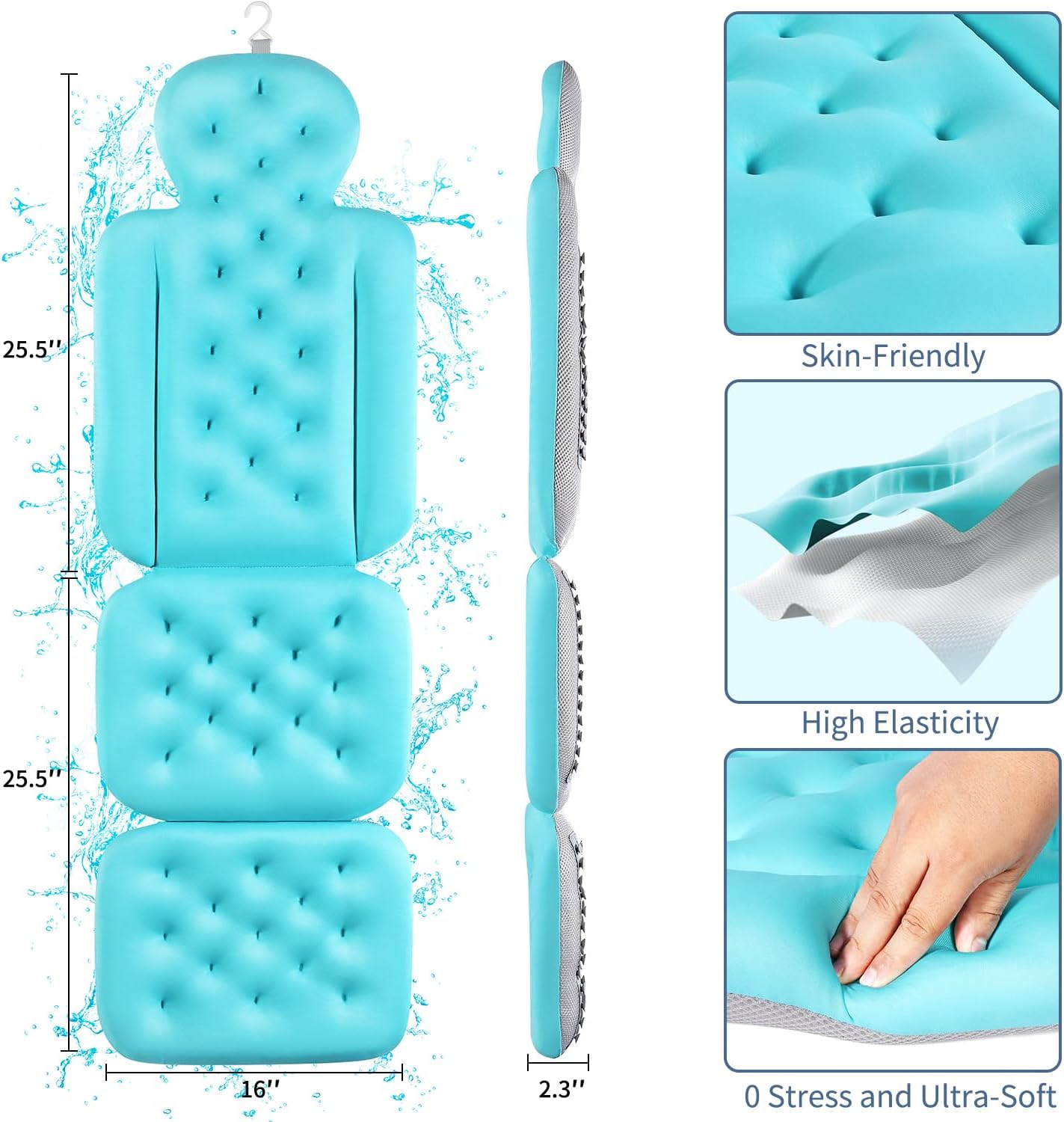 Luxury Bath Cushion, Full Body Bathtub Pillow with 160 Suction Cups, Bath Mat for Head and Neck Support, with Laundry Bag (Blue, 51.2" x 16.2")