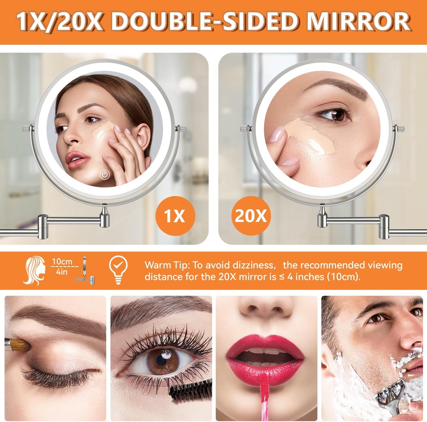 Auxmir 1X/20X Wall Mounted Makeup Mirror with Light, 8" Rechargeable Double-Sided Magnifying Mirror, Vanity Mirror Dimmable 3 Color Light, 360° Extension Rotation Foldable 14.5 Inch Arm, Chrome