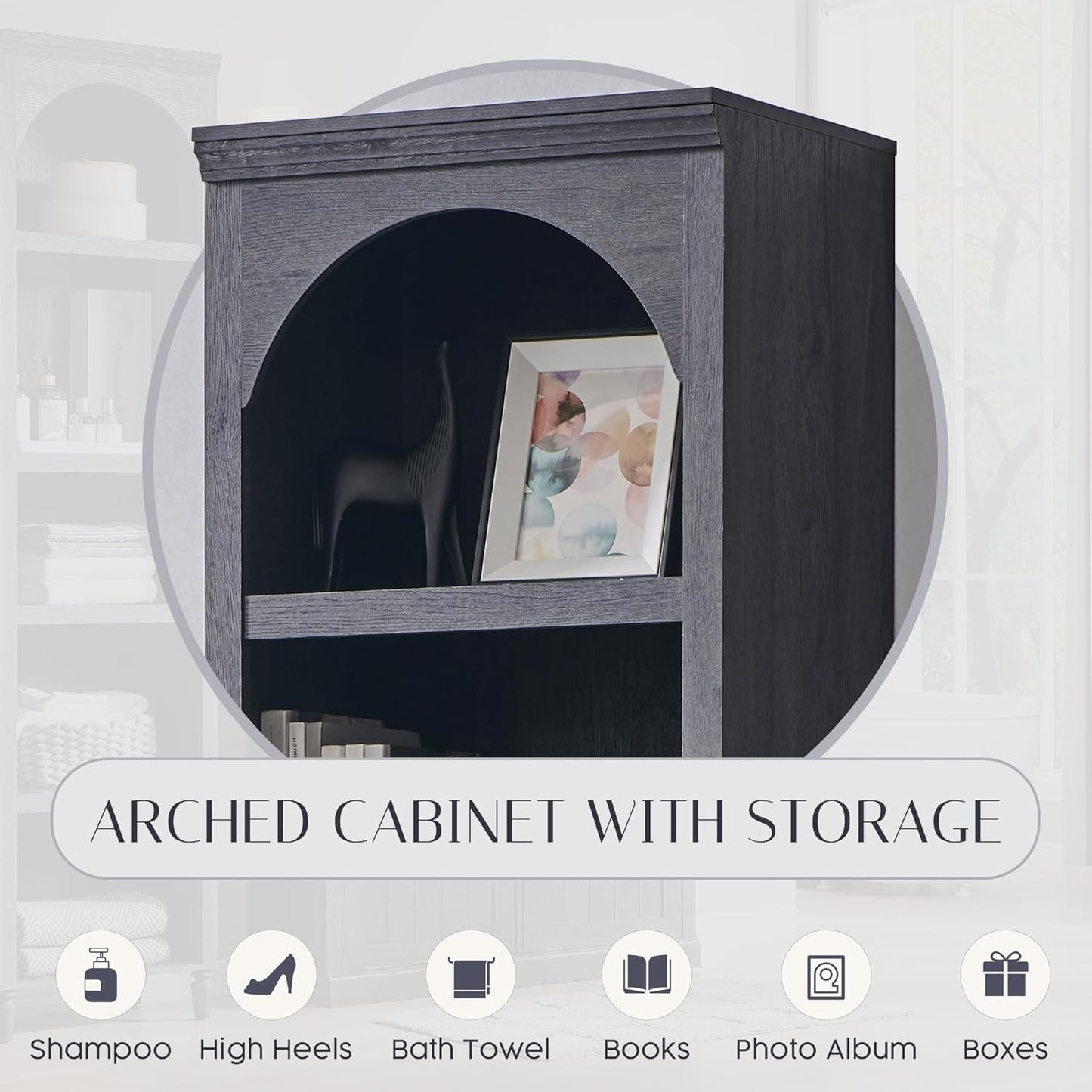 76" Tall Arched Bathroom Storage Cabinet, 5 Tiers Narrow Farmhouse Arched Cabinet w/Adjustable Shelves, Modern Wooden Storage Cabinet for Bathroom, Living Room, Entryway, Study Room (Dark Grey)
