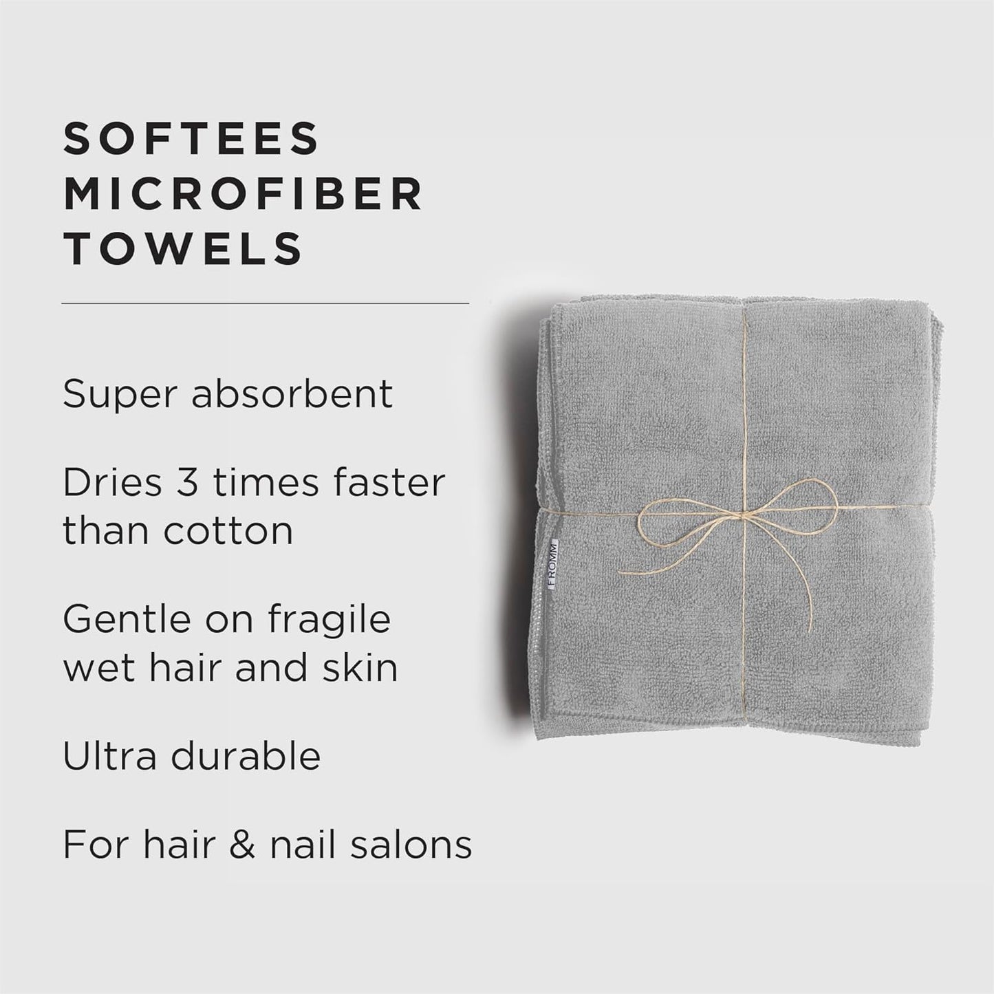 Fromm Softees Microfiber Salon Hair Towels for Hairstylists, Barbers, Spa, Gym in Grey, 16" by 29", 10 count Perfect Hair Care Towel for Drying Curly, Long, Wavy Hair