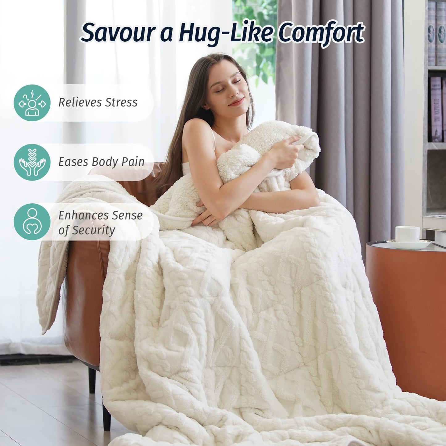 Wemore Weighted Blanket for Adults Twin Size 15 lbs, Dual Sided Soft Fuzzy Jacquard Sherpa Weighted Blankets for Sleeping, Cozy Fluffy Knitted Heavy Blanket for Couch Bed, Cream White, 60 x 80 inches