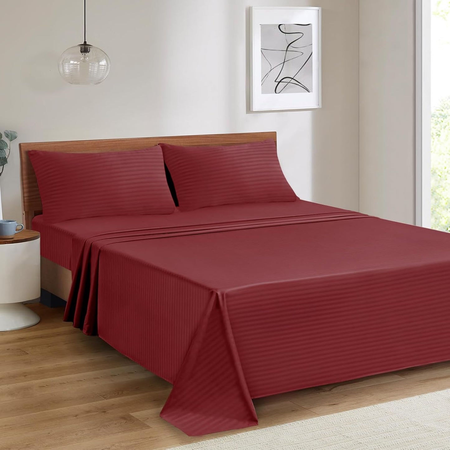 Mejoroom Striped Full Size Sheets – Extra Soft Full Size Bed Sheets - 16inches deep Pocket Full Sheet Set, Breathable, Wrinkle, Fade and Stain Resistant - 4 Piece (02-Burgundy)