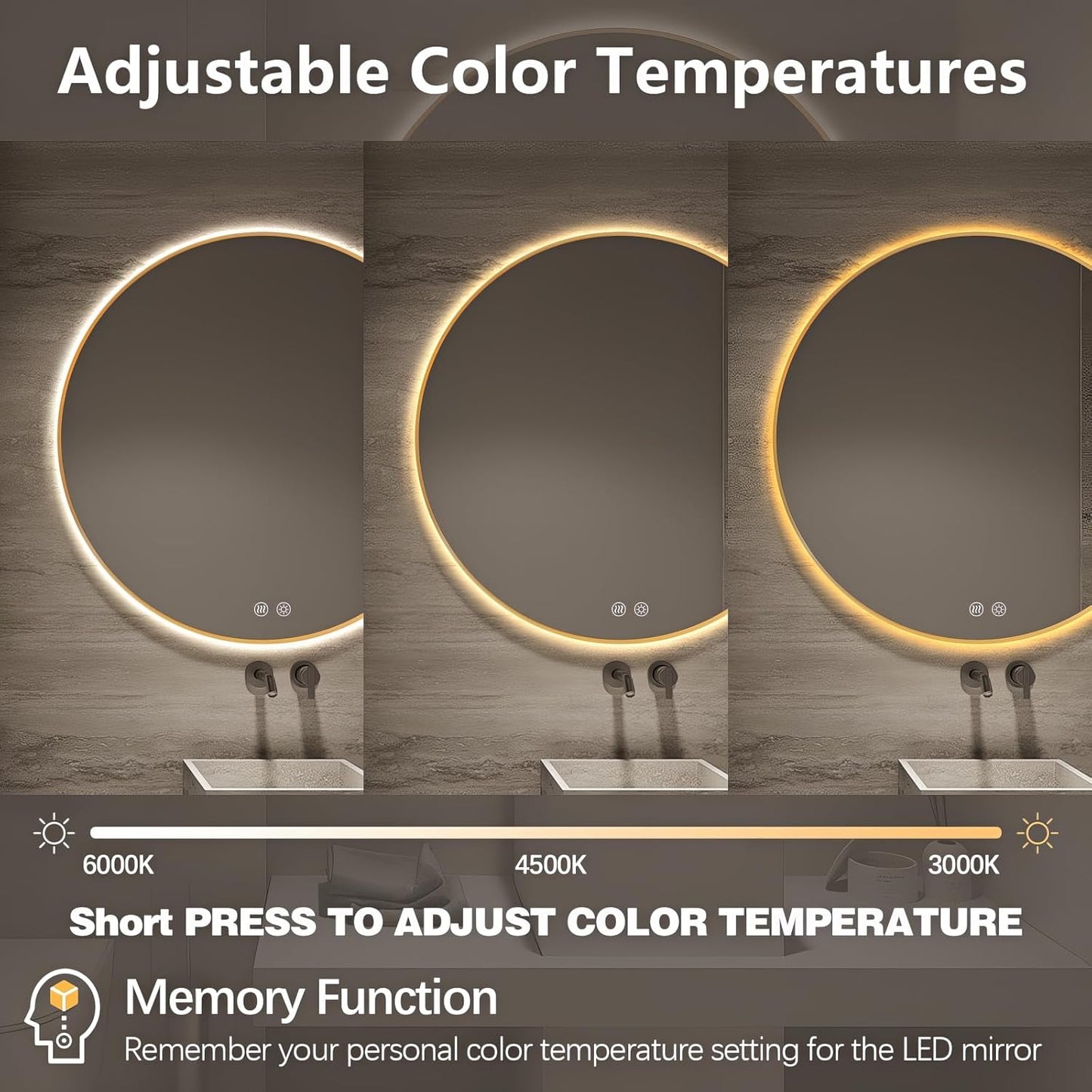 Niccy Round Led Mirror for Bathroom, 32" Backlit Mirror for Wall Circle Lighted Mirror with Gold Frame Anti-Fog, 3 Colors, HD Glass and IP65 Waterproof