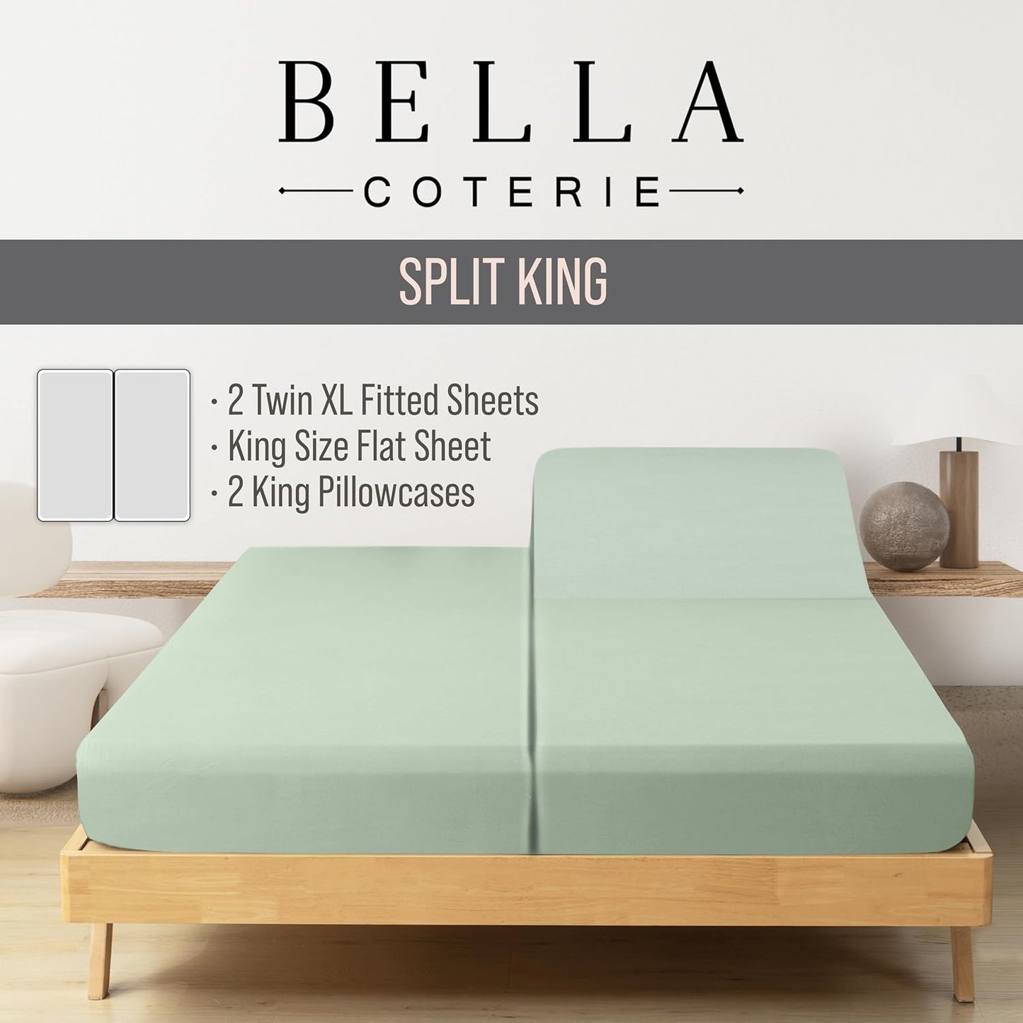 Bella Coterie Luxury Bamboo Viscose Split King Size Sheet Set | 2 Fitted Sheets for Sleep Number & Adjustable Beds | 100% Organically Grown | Cooling & Ultra Soft | 18” Deep Pocket [Sea Glass]