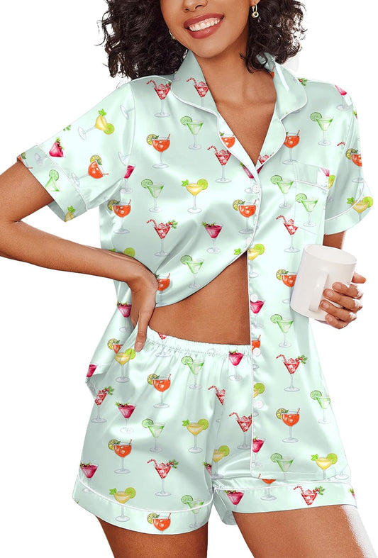 Ekouaer Pajamas for Women Set Silk Satin Pjs Shorts Sleepwear 2 Piece Loungewear S-XXL