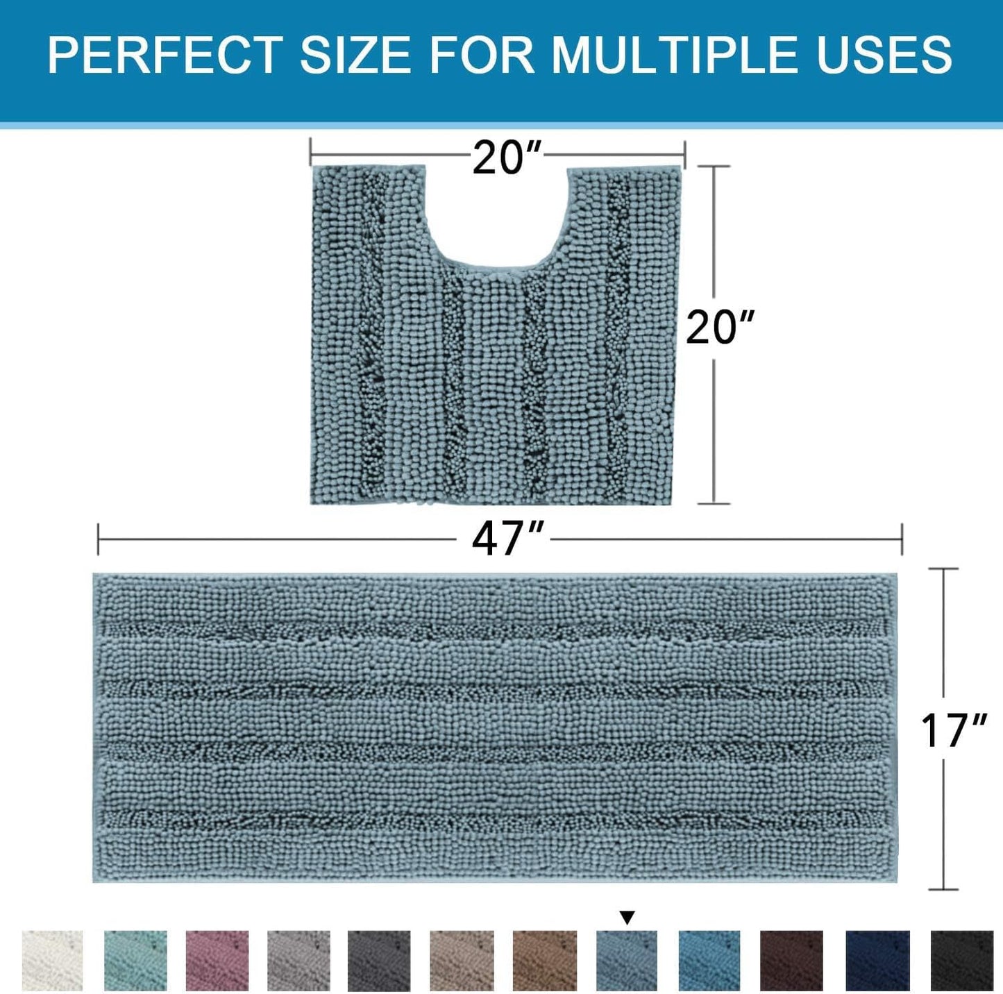 H.VERSAILTEX Bathroom Rugs Bath Rug Set 2 Piece Bathroom Contour Rug Toilet Mat Sets Non Slip Contour Bath Rug Ultra Thick Water Absorbent Striped Bath Mats(47" x 17" Plus 20" x 20" U, Stone Blue)