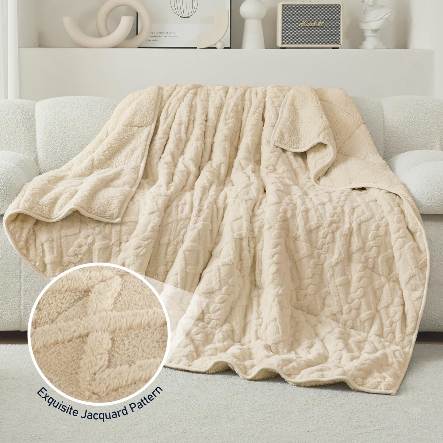 Wemore Weighted Blanket for Adults Twin Size 15 lbs, Dual Sided Soft Fuzzy Jacquard Sherpa Weighted Blankets for Sleeping, Cozy Fluffy Knitted Heavy Blanket for Couch Bed, Khaki, 60 x 80 inches