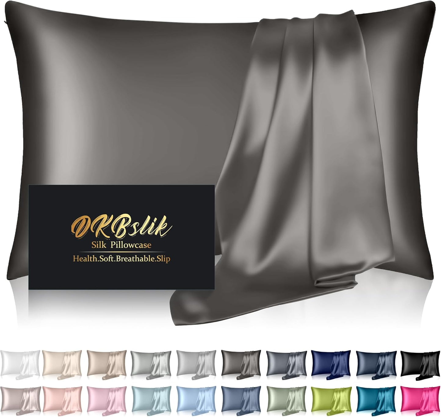 Silk Pillowcase for Hair and Skin, Mulberry Silk Pillow Cases Standard Size, Anti Acne Cooling Sleep Both Sides Natural Silk Satin Pillow Covers with Hidden Zipper, Gifts for Women Men, Dark Gray
