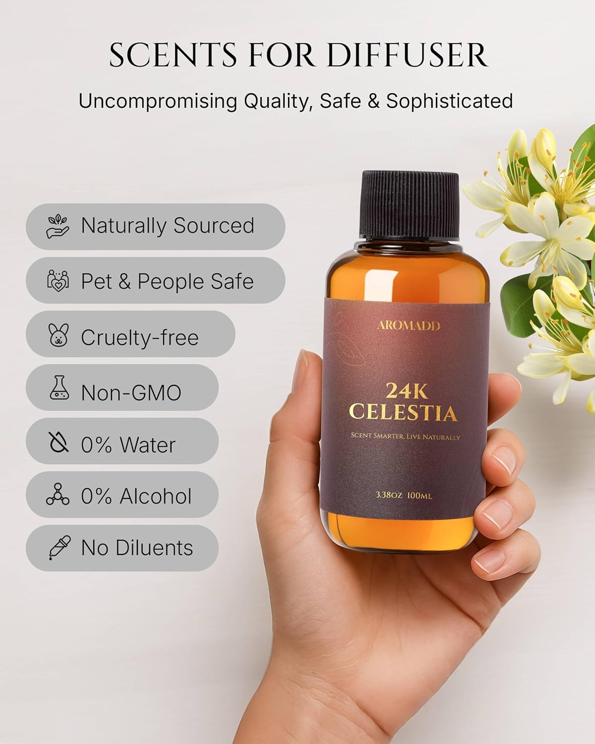 AROMADD 24K Celestia Diffuser Oil Inspired by Luxury Hotel Scent 3.38 Fl Oz (100ml), Aroma Diffuser & Hotel Fragrance Diffuser Oil, Essential Oil Diffuser for Aromatherapy, Long-Lasting