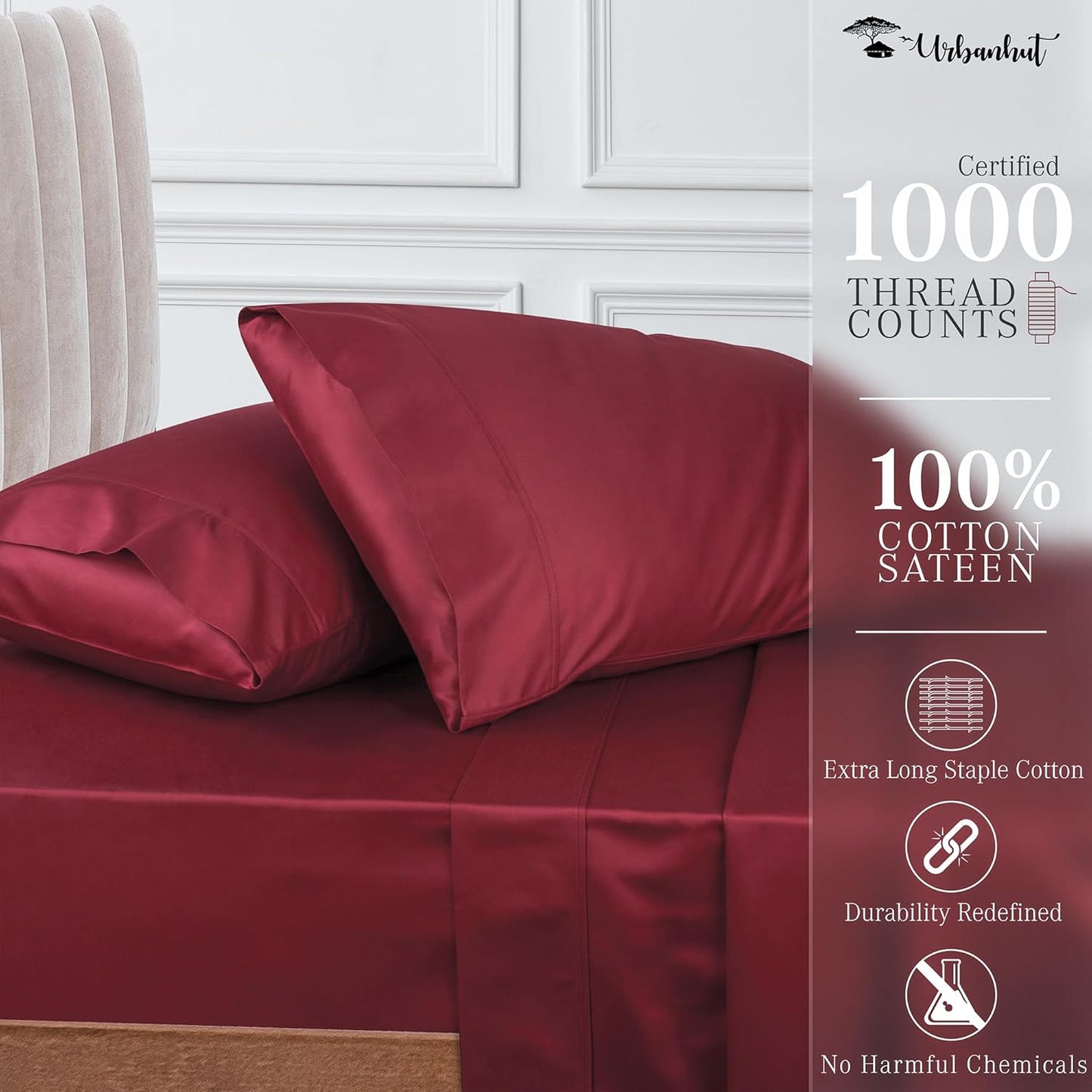 URBANHUT 1000 Thread Count Twin Bed Sheets Egyptian Cotton Sheet Set, Long Staple Soft & Breathable, 3 Pc Bed Sheet Sets, Luxury Hotel Sateen Sheets Fits 16" Deep Pocket - Burgundy