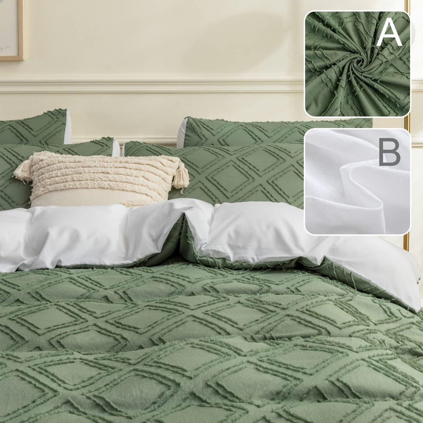 JELLYMONI Duvet Cover King Size Green and White - 3PCS Boho Duvet Cover Set Plaid Polyester Tufted Bohemian Jacquard Knit Textured Comforter Cover 104×90in Rhombic Geometric Pattern Zipper Corner Tie