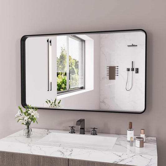 Black Bathroom Mirror 60X36 Inch, Black Metal Framed Mirror for Wall, Rounded Rectangle Matte Bathroom Vanity Mirror with Tempered Glass, Anti-Rust, Horizontal/Vertical
