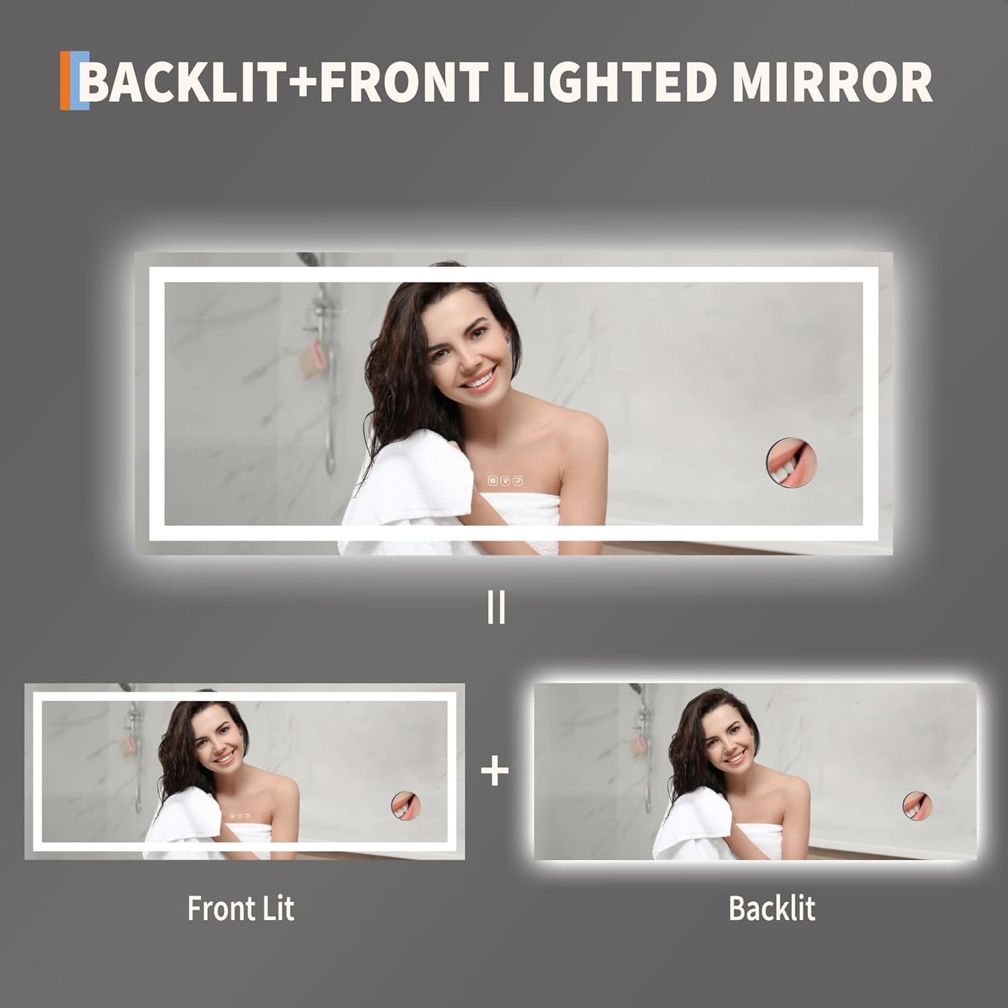 GarveeHome 60x25 LED Bathroom Mirror with Lights, Dimmable, Anti-Fog, Backlit + Front Lit, Smart Bathroom Vanity Mirror for Wall, Memory Function, Shatter-Proof (Horizontal/Vertical)