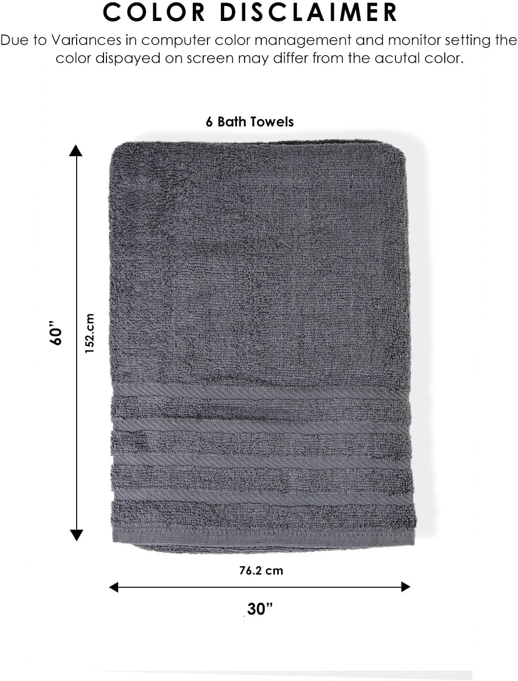 TOALLA_ Bath Towels_30x60_Pk 6_Dark Grey Bath Towels (6-Pack, 30W X 60 L Inches) Dark Grey Color- Cotton Towel for Gym, Bath, Spa, Shaving, Shampoo, for Daily use, Large
