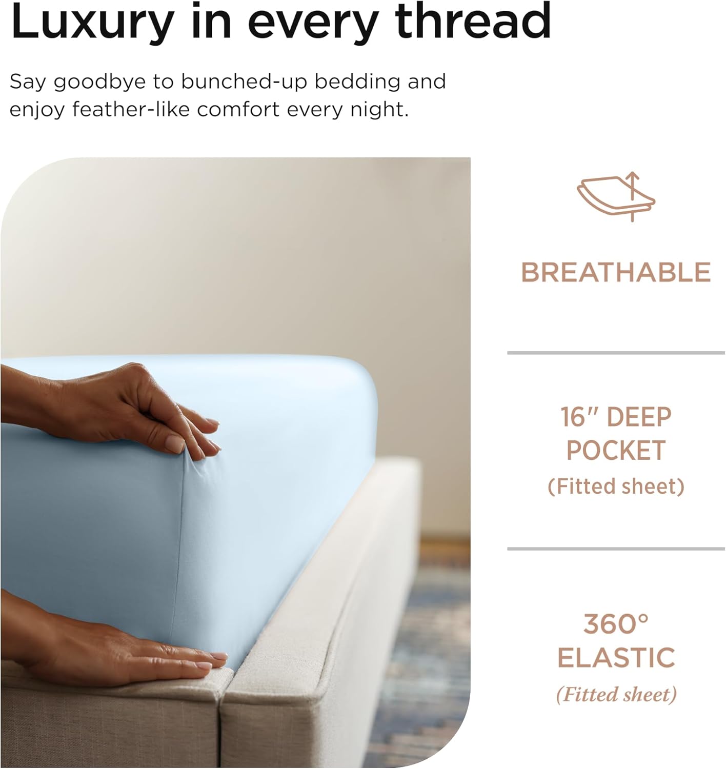 Threadmill 100% Cotton Sheets for King Size Bed - 600 Thread Count King Bed Sheets Set with 16” Deep Pocket - Sateen Weave 4-Piece Bedding Set with Cooling Effect, Blue