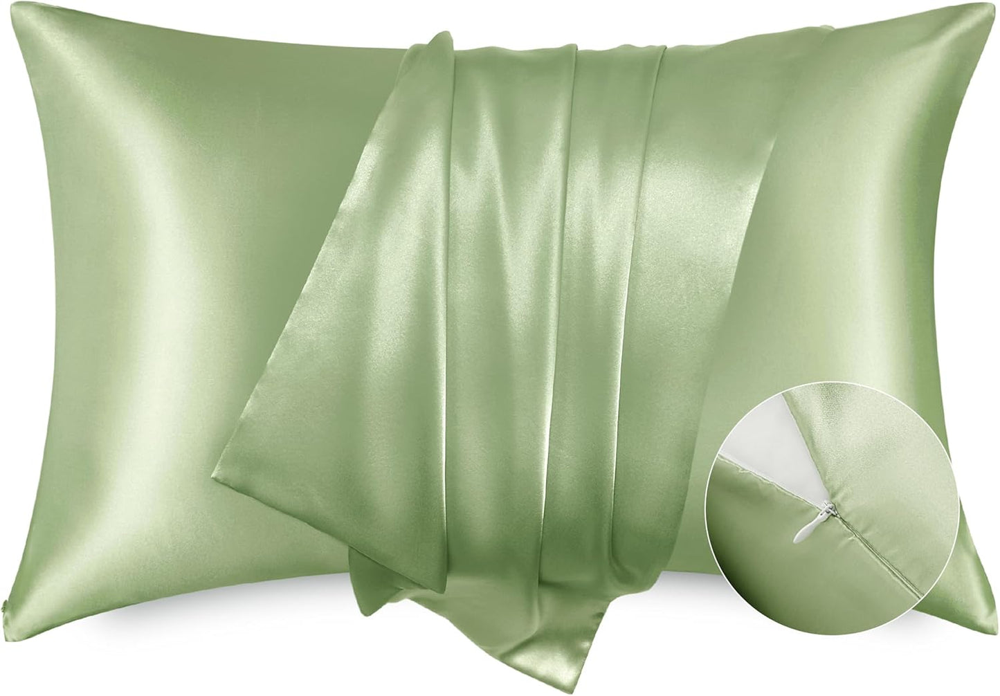 Bedsure Satin Pillowcase with Zipper, Similar to Silk Pillow Cases 2 Pack, Satin King Pillow Cases Set of 2, Silky & Soft Pillow Covers for Hair and Skin, Gifts for Women Men, Sage Green, 20x36 Inches