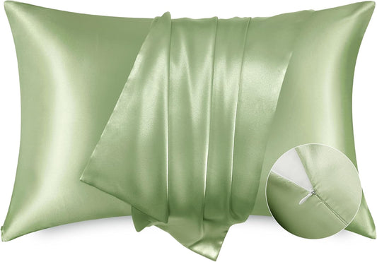 Bedsure Satin Pillowcase with Zipper, Similar to Silk Pillow Cases 2 Pack, Satin King Pillow Cases Set of 2, Silky & Soft Pillow Covers for Hair and Skin, Gifts for Women Men, Sage Green, 20x36 Inches