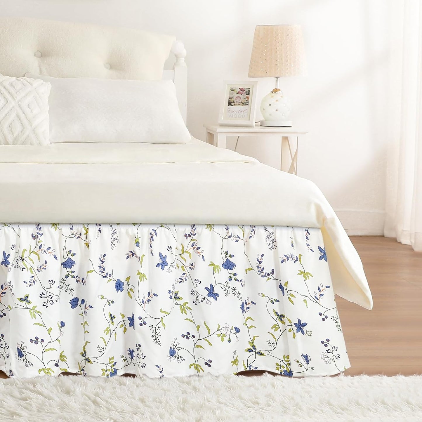 RIMELA Blue Berry Floral Bed Skirt Queen Size 15 Inch Drop, Elastic Bed Skirting for Bed Frame, Bedding Dust Ruffle Easy to Install, Lightweight Wrap Around Adjustable Bedskirt