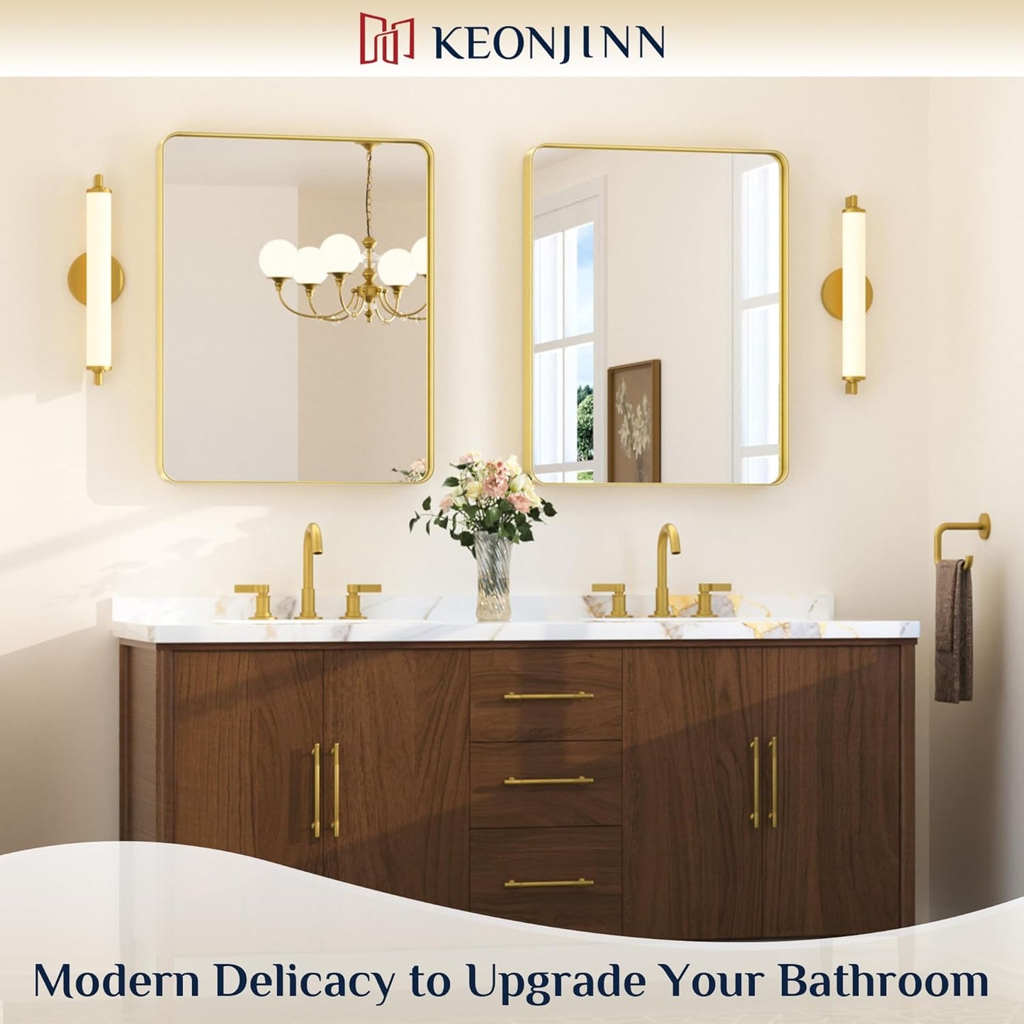 Keonjinn Gold Bathroom Mirrors for Over Sink, 24” x 30” Rounded Rectangle Brushed Gold Vanity Mirror, Anti-Rust Brass Mirror with HD Tempered Glass, Decorative Farmhouse Mirrors, Horizontal/Vertical