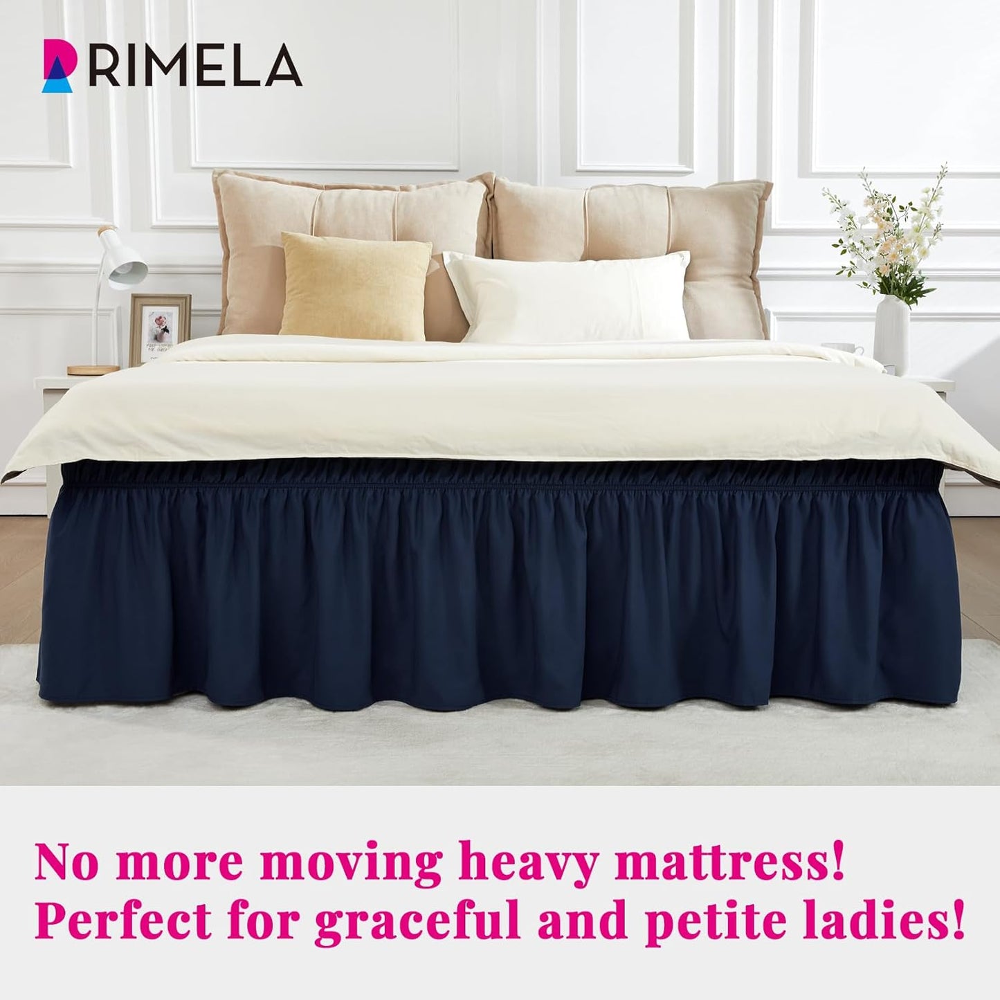 RIMELA Navy Blue Bed Skirt Queen Size 18 Inch Drop, Elastic Bed Skirting for Bed Base and Frame, Bedding Dust Ruffle Easy to Install, Lightweight Wrap Around Adjustable Bedskirt