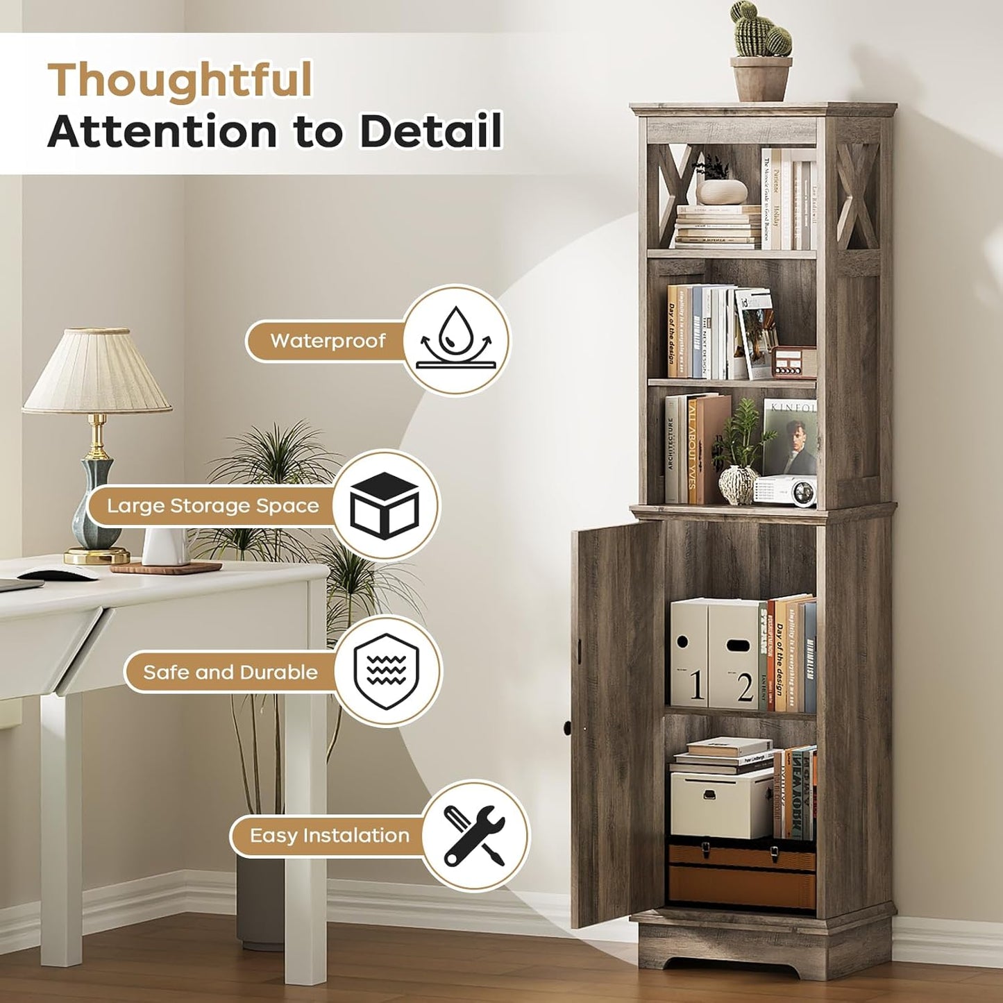 Tall Bathroom Storage Cabinet with Door and Open Adjustable Shelves, 60.9" H Wooden Tower Corner Narrow Farmhouse Cabinet, Freestanding Organizer for Kitchen, Entryway Grey