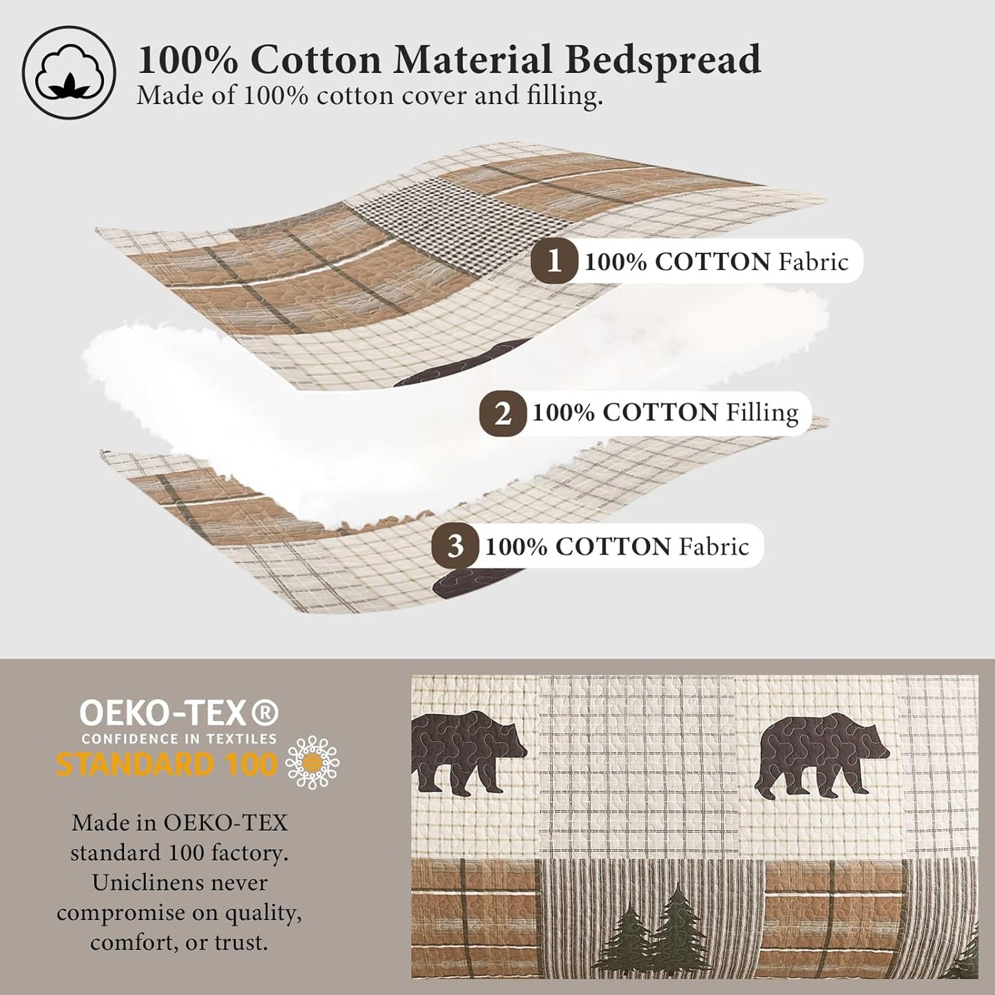 Uniclinens 100% Cotton Quilts King Size - Farmhouse Cabin Lodge Bear Deer Tree King Quilt Set, Soft Patchwork Plaid Bedspread Lightweight Quilted Comforter with 2 Pillow Shams, Green/Brown/Cream
