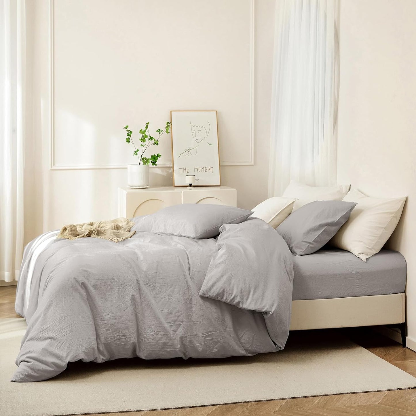 JIYUAN 100% Washed Cotton Duvet Cover Set 3 Pieces King, 1 Duvet Cover 104x90 Inches(Comforter Not Included) and 2 Pillowcases,Linen Feel Bedding Set Comfy and Breathable, Heathered Pastel Grey