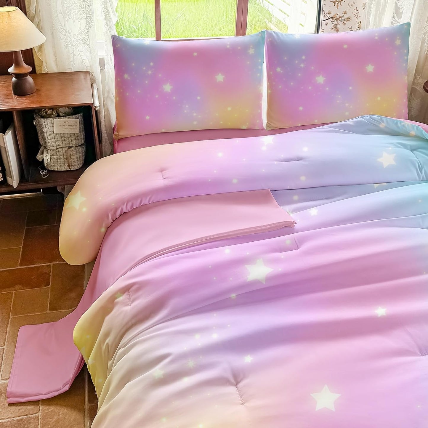 Rainbow Bedding Set Twin Size – 5 Piece Reversible Girls Comforter with Deep-Pocket Sheet, Gradient Galaxy Design, Whole-Piece Filling, Machine Washable Bed-in-a-Bag for Kids Room Makeover & Gifts