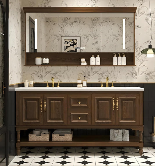 76" Double Bathroom Vanity with Sink,Freestanding Bathroom Vanity Large Storage Cabinet & Open Mirror Cabinet,4 Soft Closing Doors and 2 Drawers Solid Wood Luxury Bathroom Vanities Set,Brown