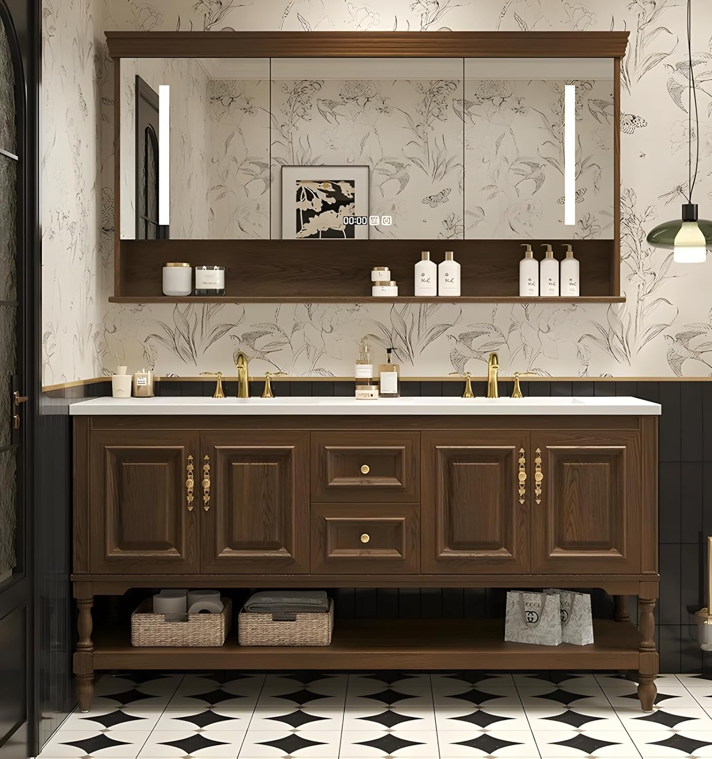 68" Double Bathroom Vanity with Sink,Freestanding Bathroom Vanity Large Storage Cabinet & Open Mirror Cabinet,4 Soft Closing Doors and 2 Drawers Solid Wood Luxury Bathroom Vanities Set,Brown