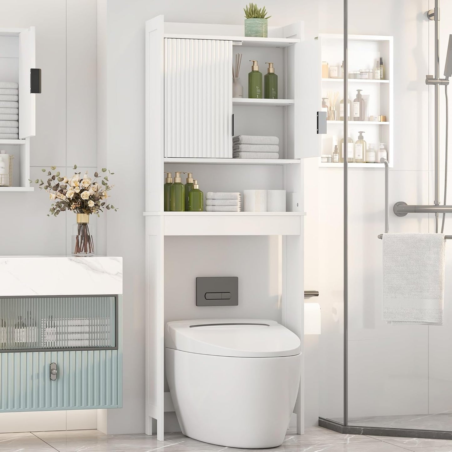 Bathroom Over The Toilet Storage Cabinet,Farmhouse Over The Toilet Storage with 2 Wave-Pattern Doors and Open Storage Shelf,Space Saver Behind Toilet Bathroom Organizer for Restroom/Laundry