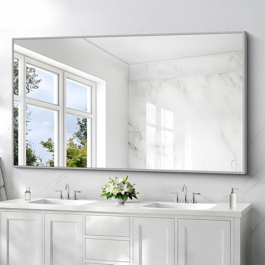 36x60inch Brushed Nickel Bathroom Mirror, Silver Rectangle Mirror with Frame, Large Rectangular Wall Mirrors for Bathroom, Living Roomm, Hair Salon, Big Mirror Hang Horizontal/Vertical