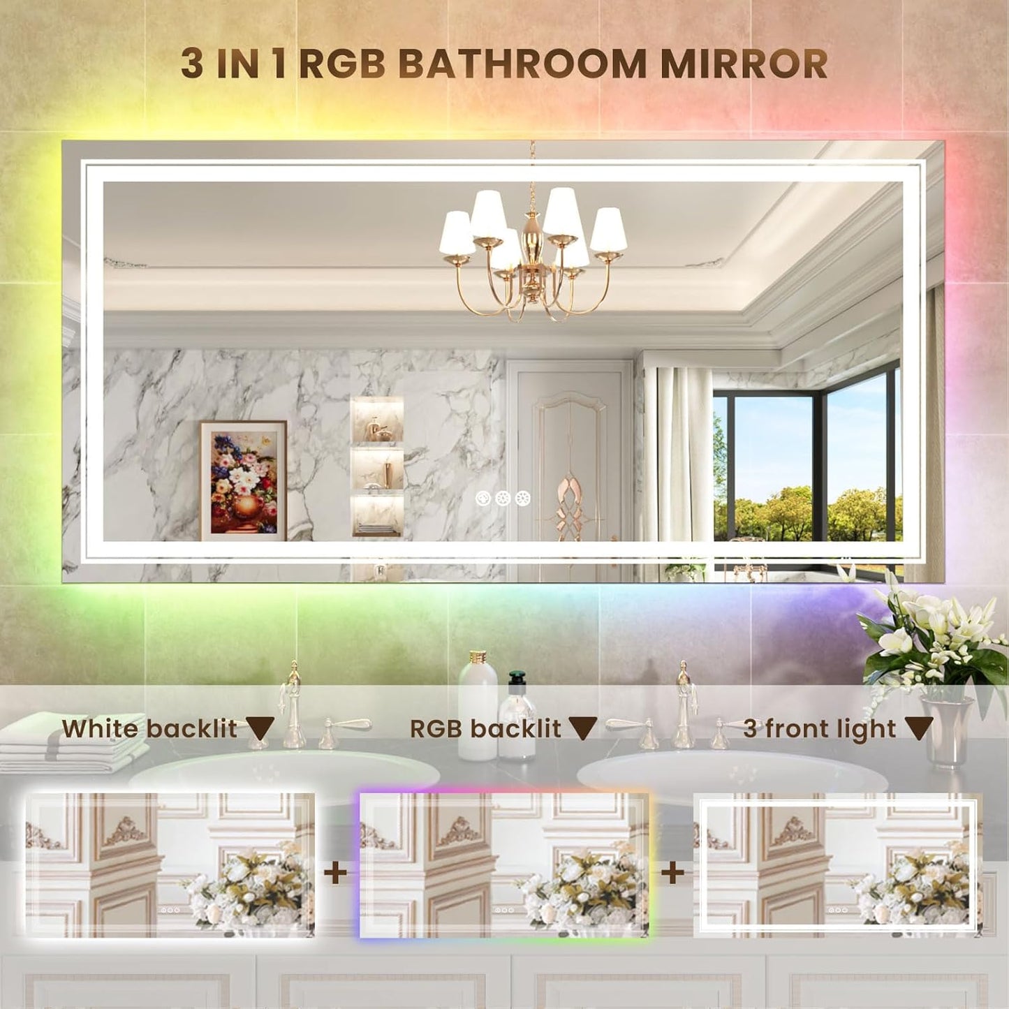 WTTY RGB LED Mirror for Bathroom,72"x40" Large LED Bathroom Mirror with Backlit and Front Light,Stepless Dimmable,Anti-Fog,Lighted Bathroom Vanity Mirror for Wall,Shatterproof,Memory Function