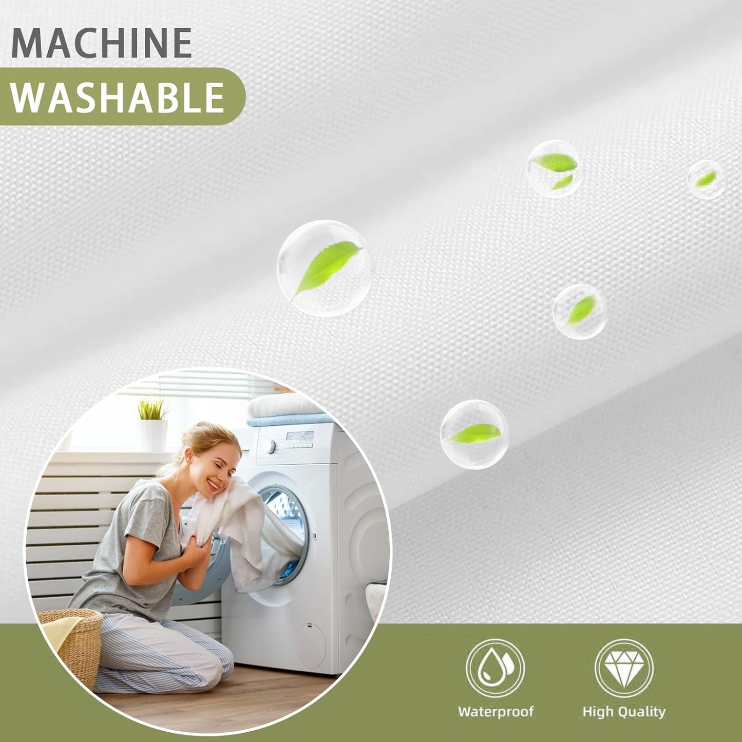 YellyHommy Waterproof Fabric Snap in Shower Curtain Liner Replacement with 2 Magnets 71" W x 66" L for 72" W x 87" L No Hook Shower Curtain - Removable & Detachable to Wash - White