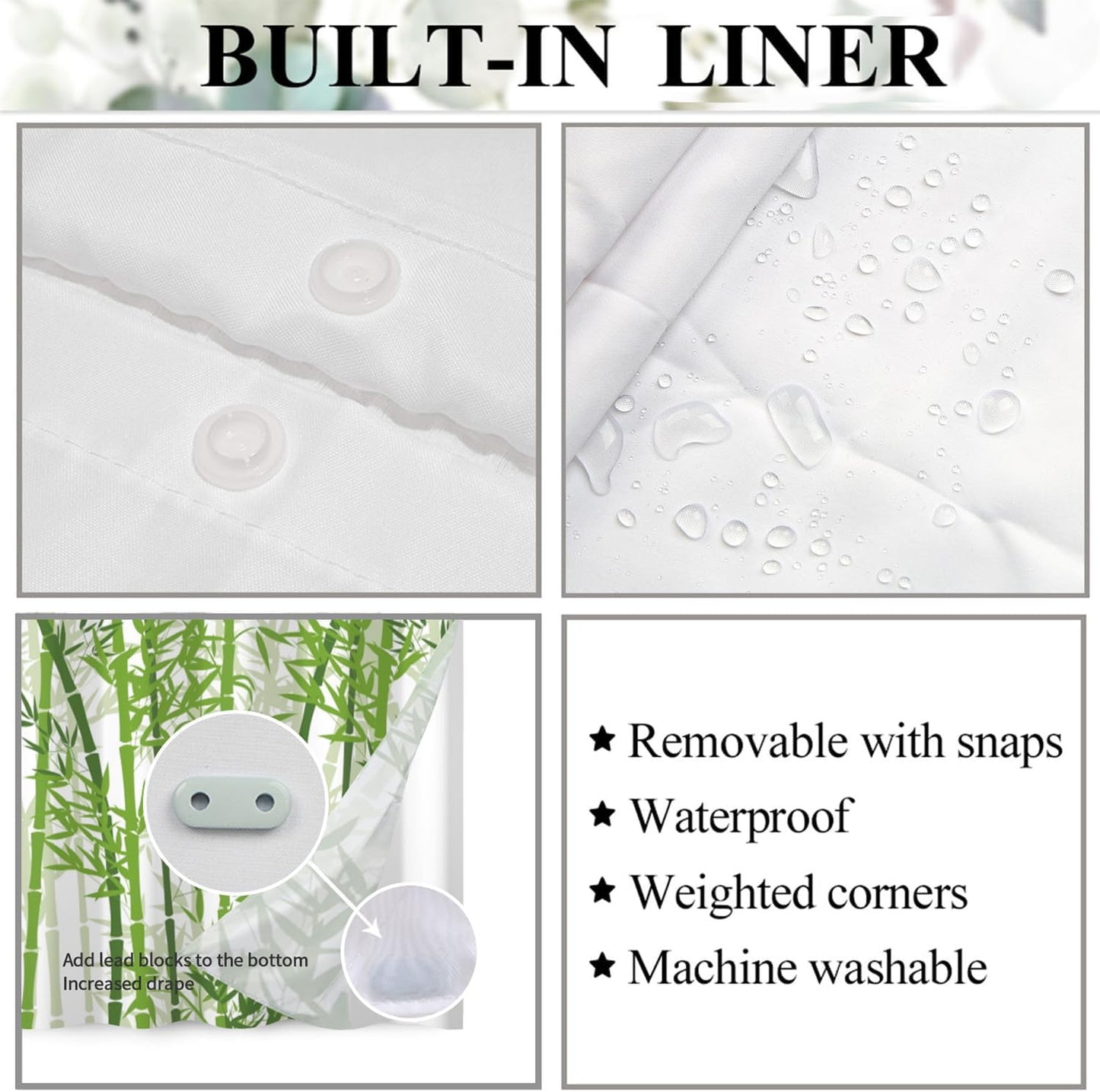 Bamboo Shower Curtain No Hooks with Snap-in Liner,Spring Bamboo Shower Curtains,Watercolor Fabric Green Shower Curtain Set,with See Through Top Window for Bathroom Decor,71 x 74 Inch