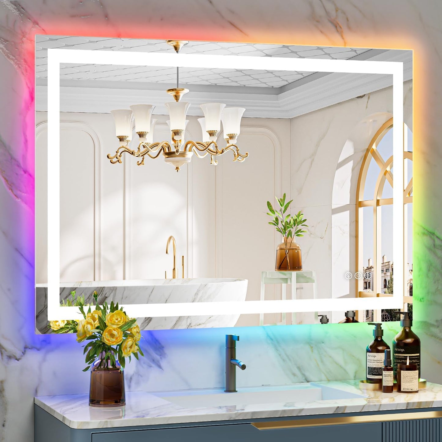 44x32 Inch RGB LED Bathroom Mirror Front Light and RGB Backlit Lighted Vanity Mirror for Bathroom Wall Mounted Dimmable Anti Fog Memory Shatter-Proof IP54 Waterproof Horizontal/Vertical