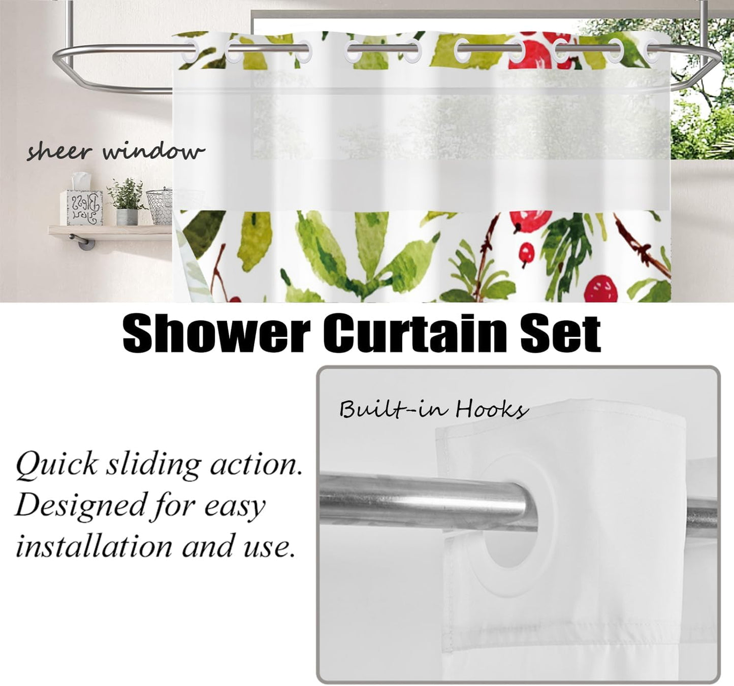 Floral Shower Curtain No Hooks with Snap-in Liner,Botanical Shower Curtains,Watercolor Fabric Holly Berry Shower Curtain Set,with See Through Top Window for Bathroom Decor,71 x 74 Inch