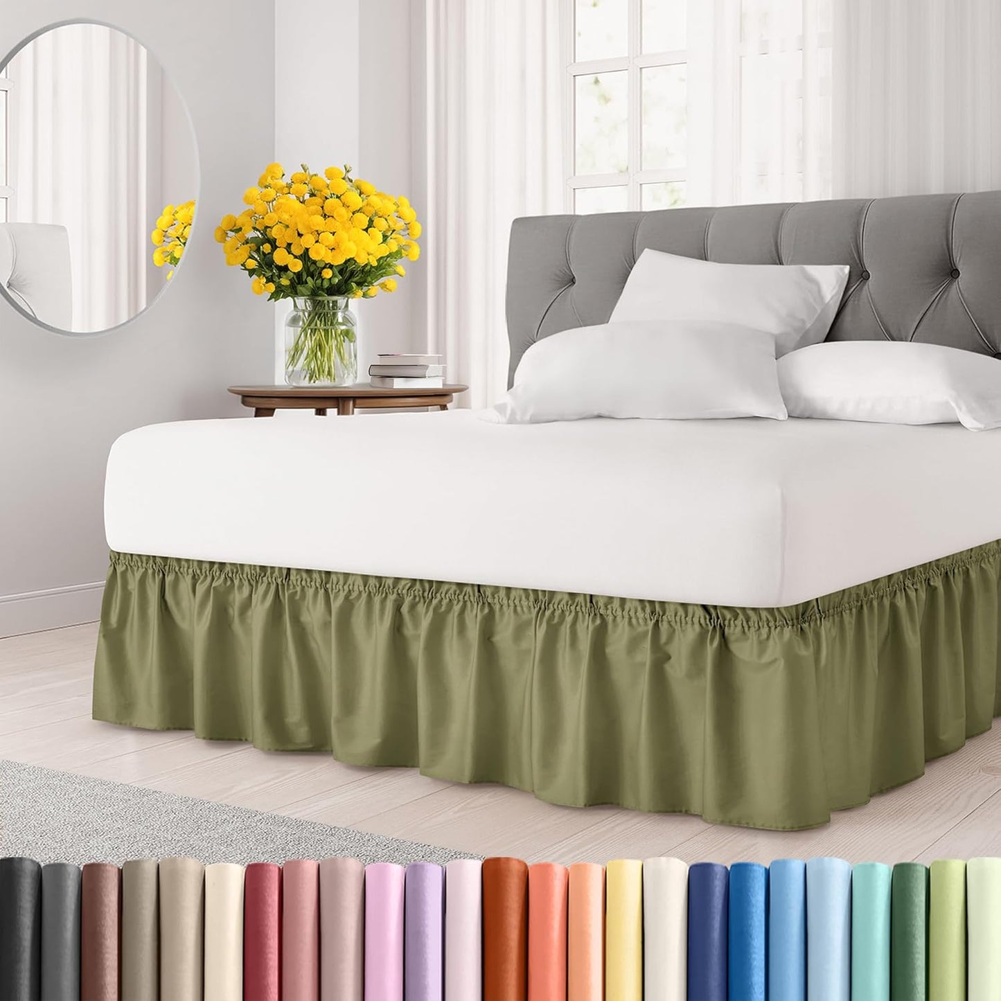 Wrap Around Dust Ruffle Bed Skirt - Sage Green - for Full Size Beds w/ 16 Inch Drop - Easy Fit Elastic Strap - Adjustable Pleated Bedskirt with Brushed Fabric, Wrinkle Free Women, Men, Kids and Teens