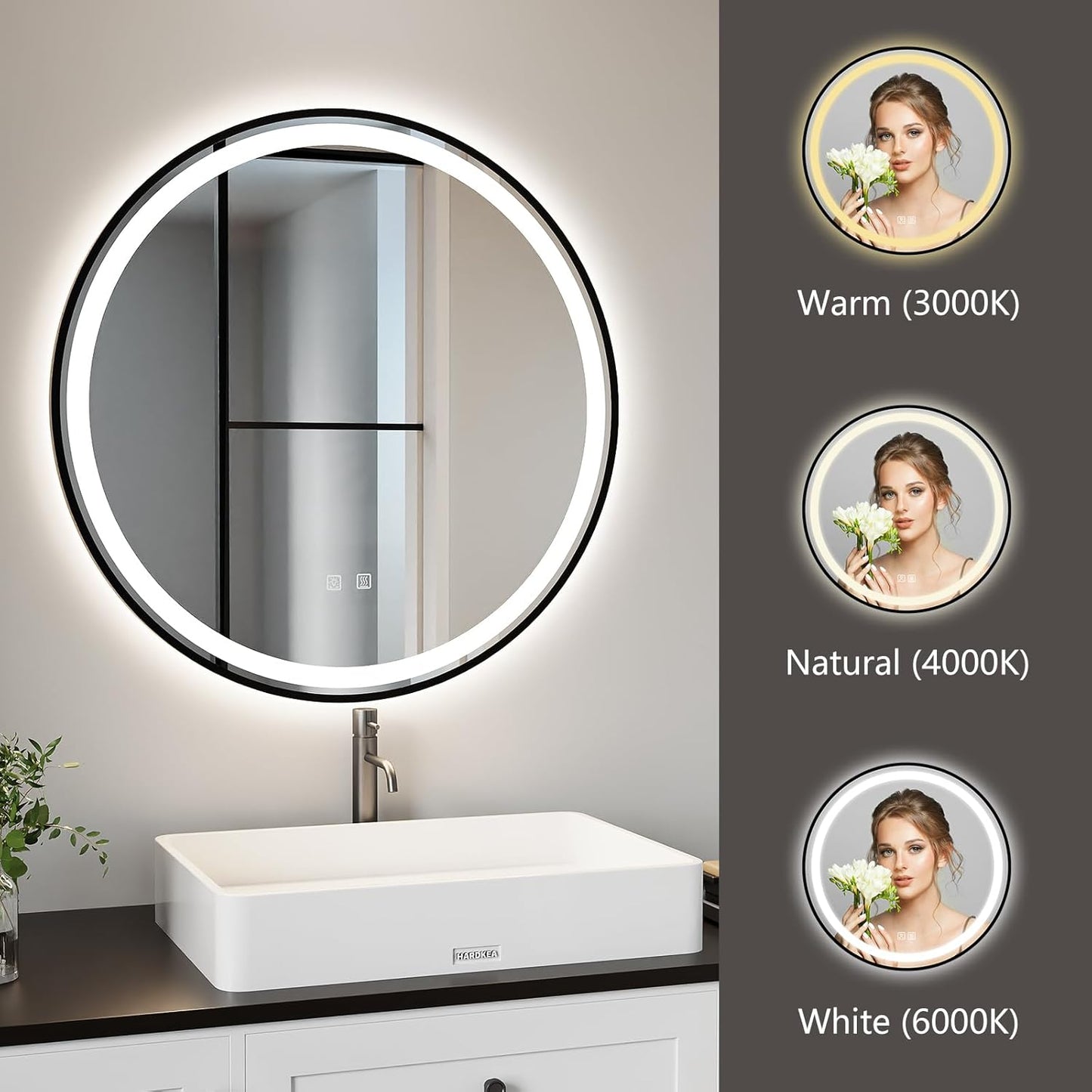 APRILSOUL 28 Inch Round Aluminum Framed LED Bathroom Mirror with Lights, Makeup Mirror with Front and Backlit, Anti-Fog, 3 Colors and Dimmable Light