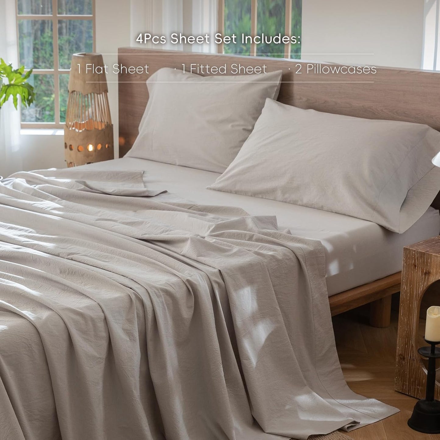MooMee Bedding Sheet Set 100% Washed Cotton Linen Like Textured Breathable Durable Soft Comfy (Solid Light Tan, Queen)