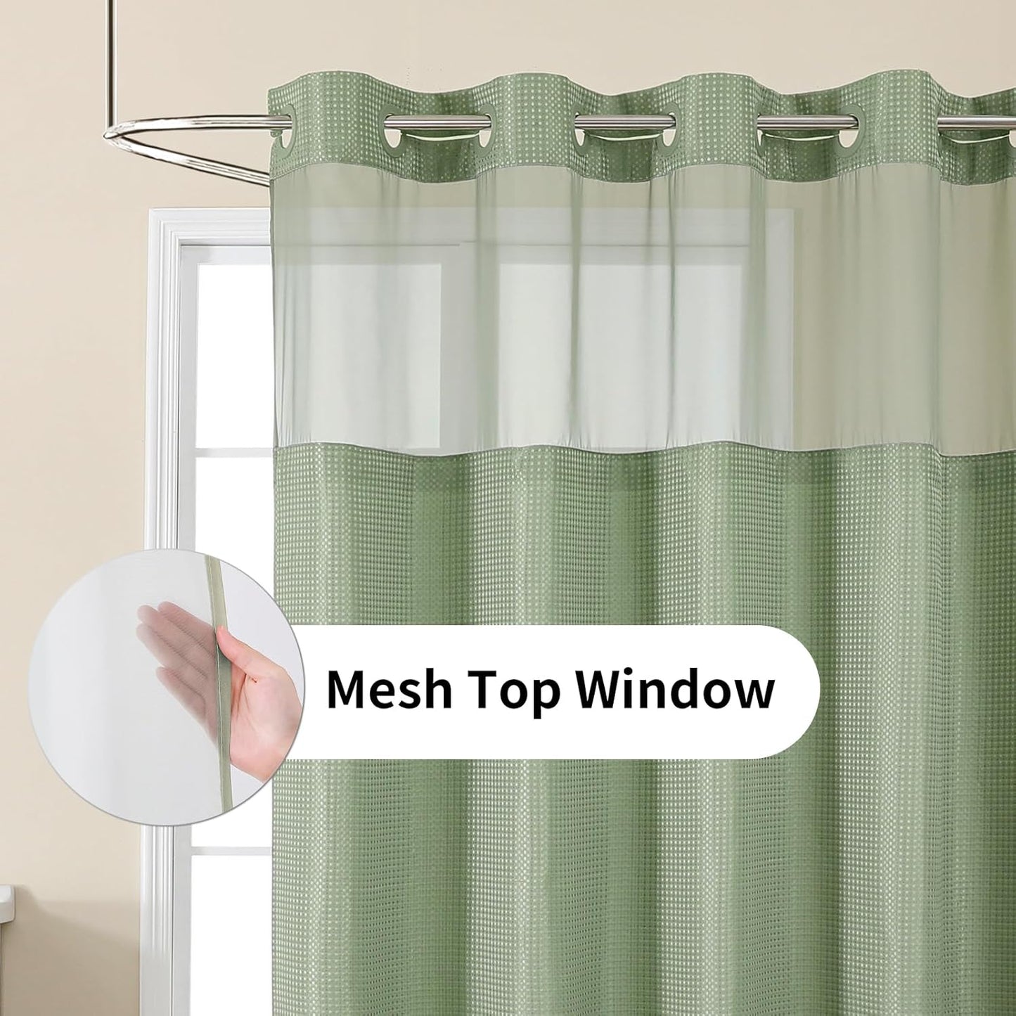 Colorful Star No Hook Shower Curtain with Snap in Fabric Liner, Waffle Weave Heavy Duty Thick Shower Curtains with Mesh Top Window, Hotel Style Waterproof Bathroom Curtain Set, 72'' x 81'', Sage Green