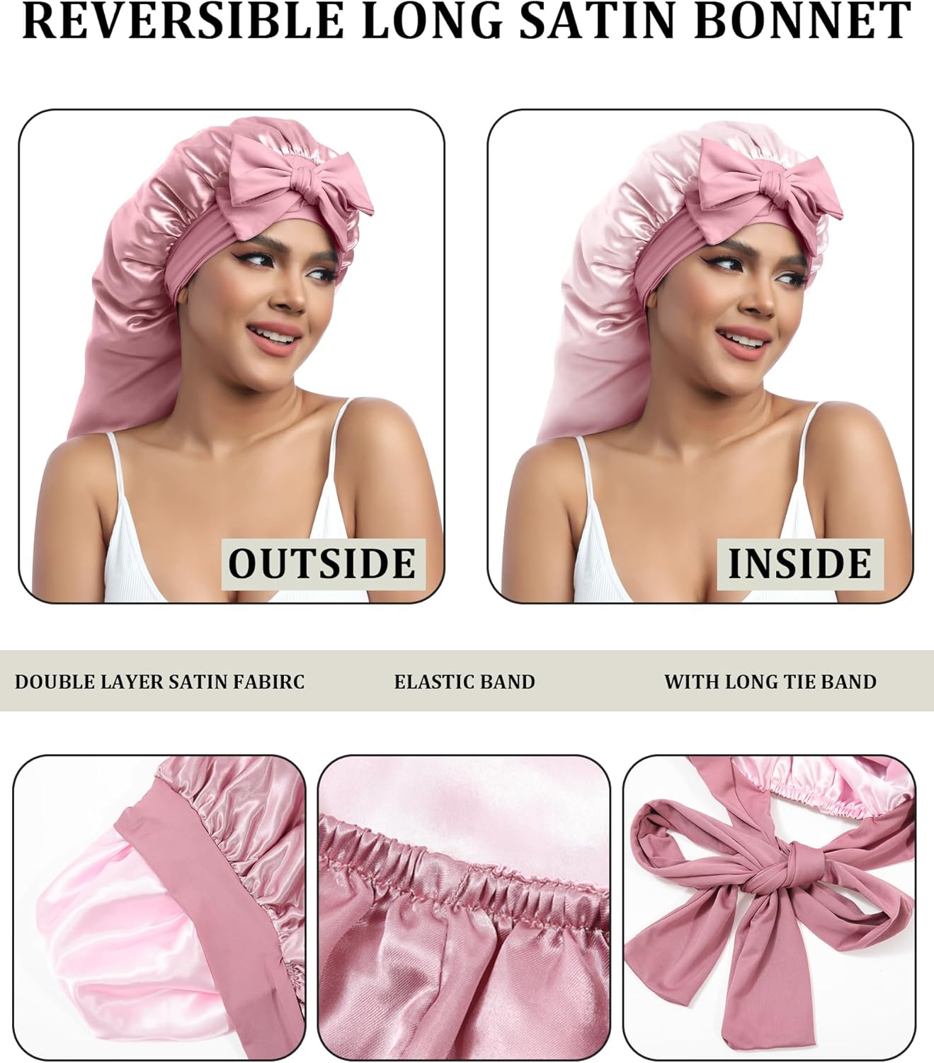 AWAYTR Long Satin Bonnet for Sleeping - Double Layer Reversible Silk Bonnet for Long Hair Women Sleeping Cap with Tie Band