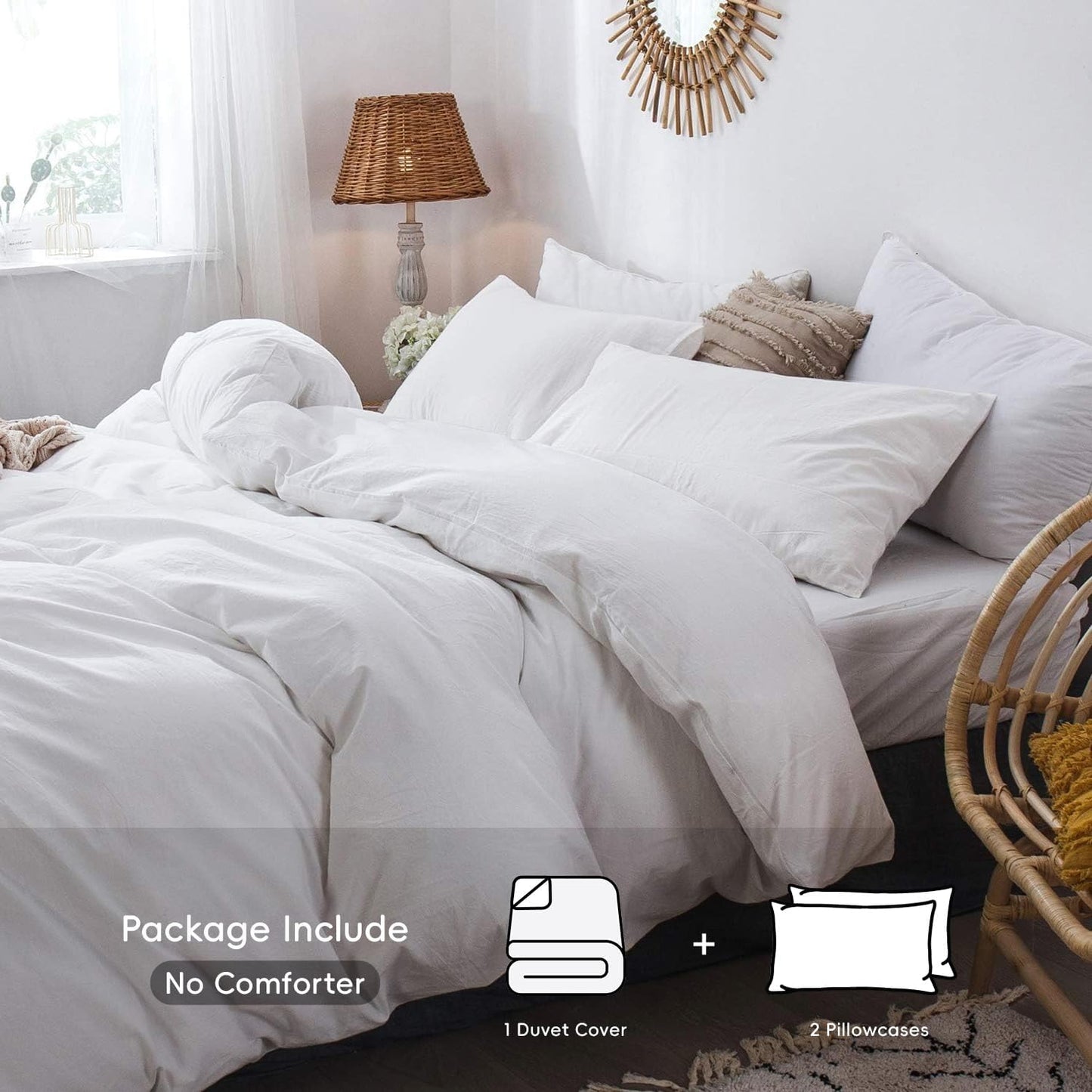 MooMee Bedding Duvet Cover Set 100% Washed Cotton Linen Like Textured Breathable Durable Soft Comfy (Solid Off White, Full 80"x90")