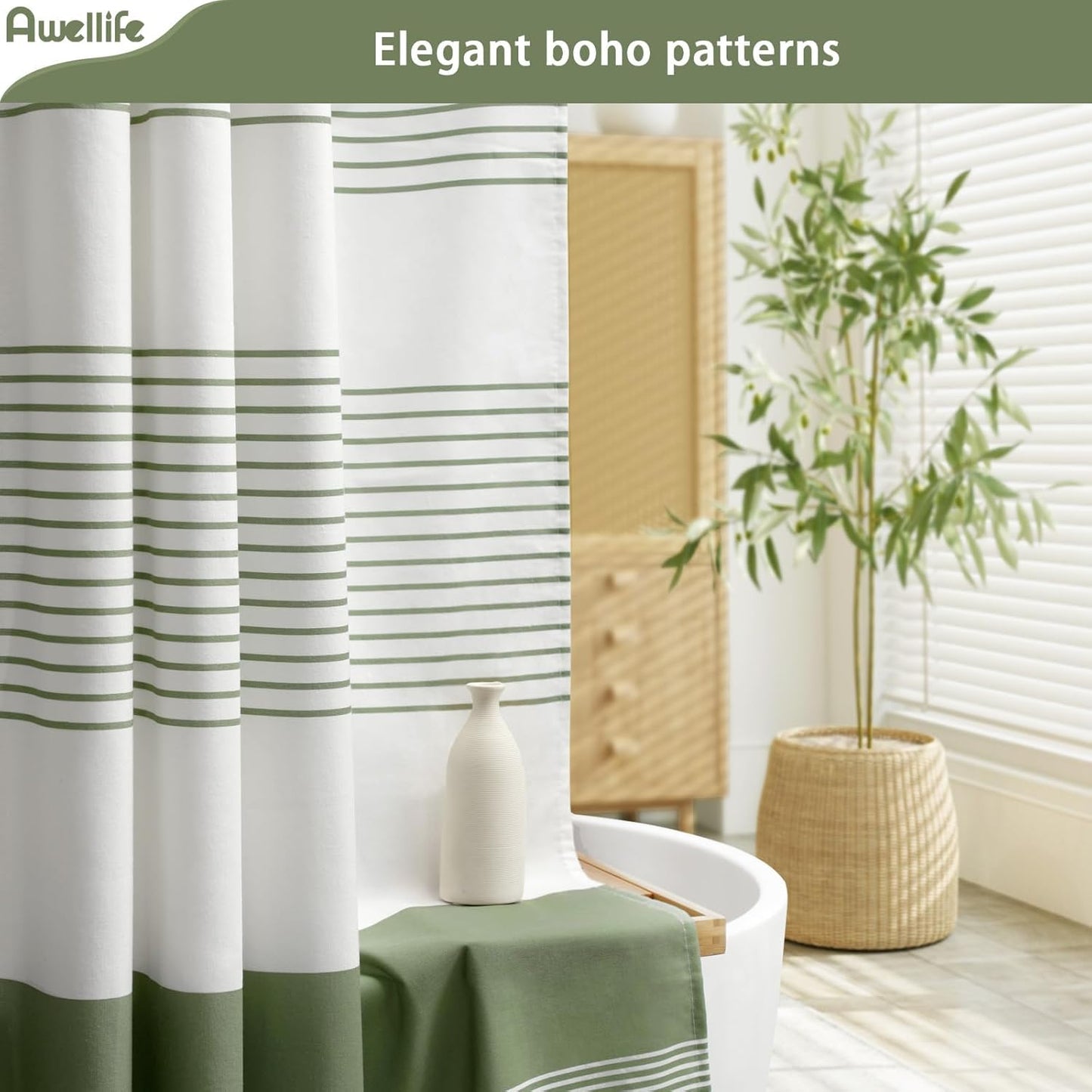 Awellife Sage Green Shower Curtain for Bathroom Stripe Tassel Shower Curtain 72 X 96 Inches Farmhouse Cotton Extra Long